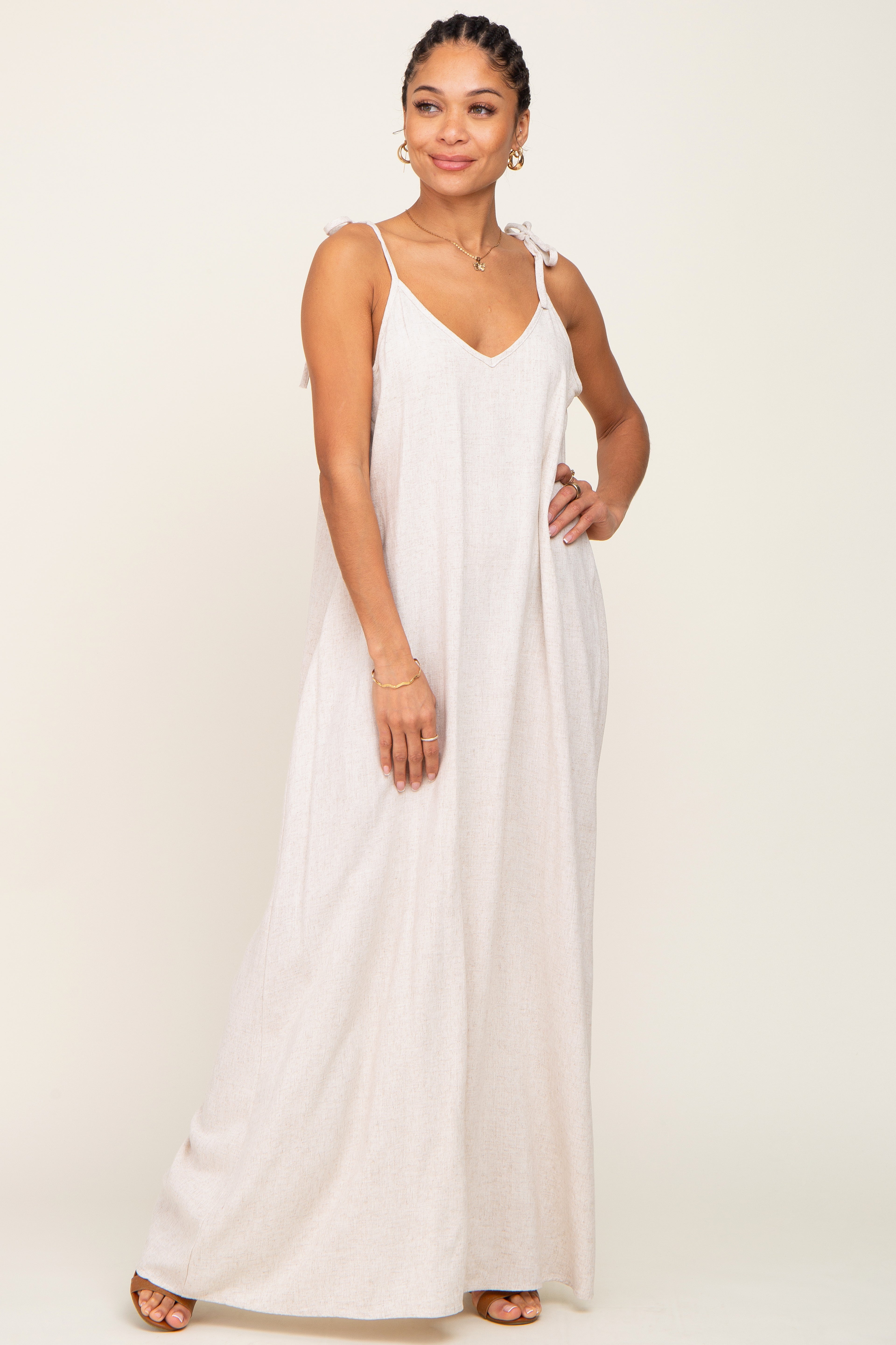 Beige Linen V-Neck Tie Strap Maxi Dress for Women | Summer Boho Beach Dress | Casual Elegant Long Dress for Vacation, Wedding Guest, Date Night