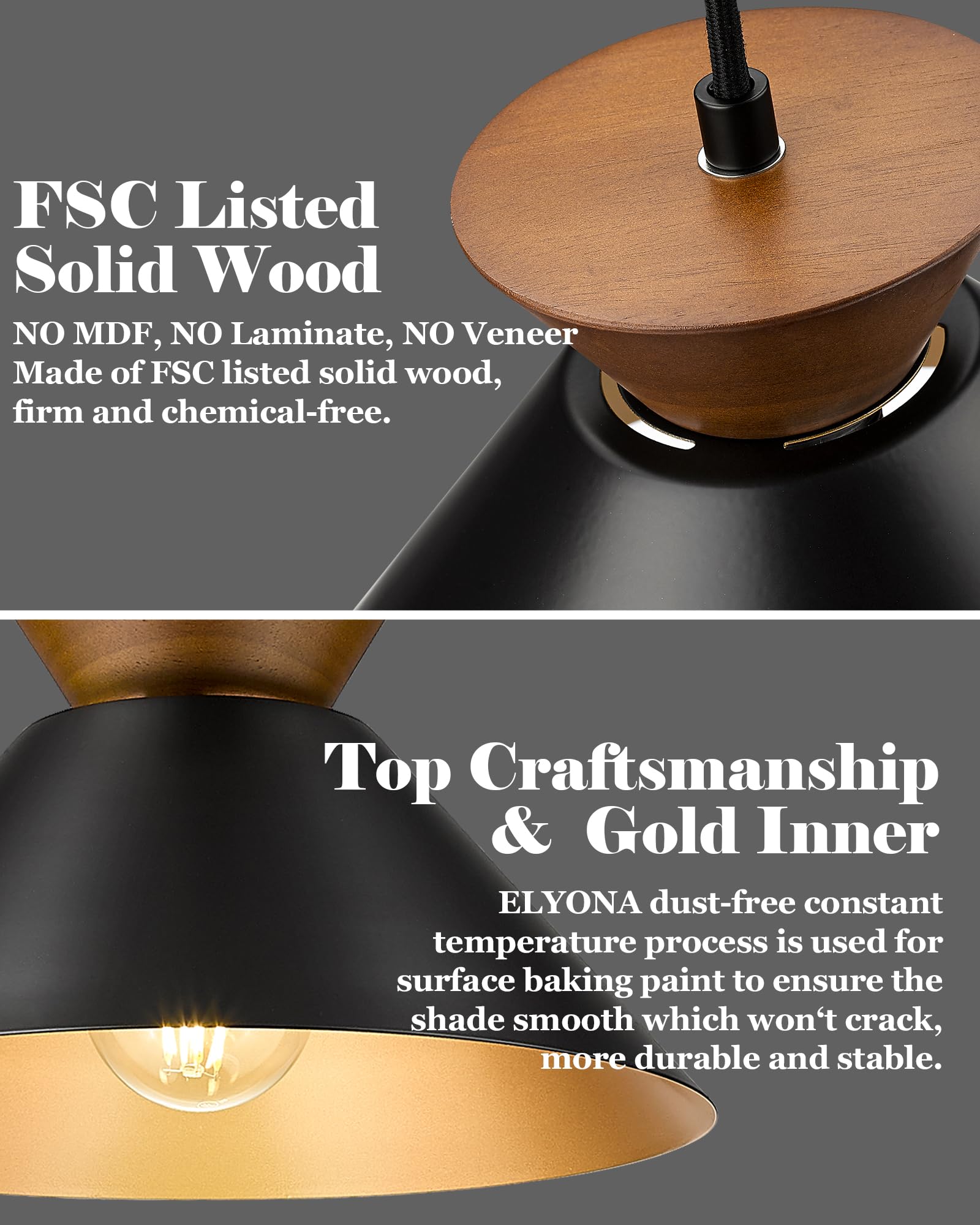 ELYONA 3 Pack Modern Pendant Lights for Kitchen Island - Solid Wood Hanging Lamps with Matte Black Metal Shade & Gold Inner Finish - Farmhouse Style Lighting Fixtures for Dining Room, Bedroom, Living Room - Perfect for Home Decor, Restaurant, and Cafe Ambiance