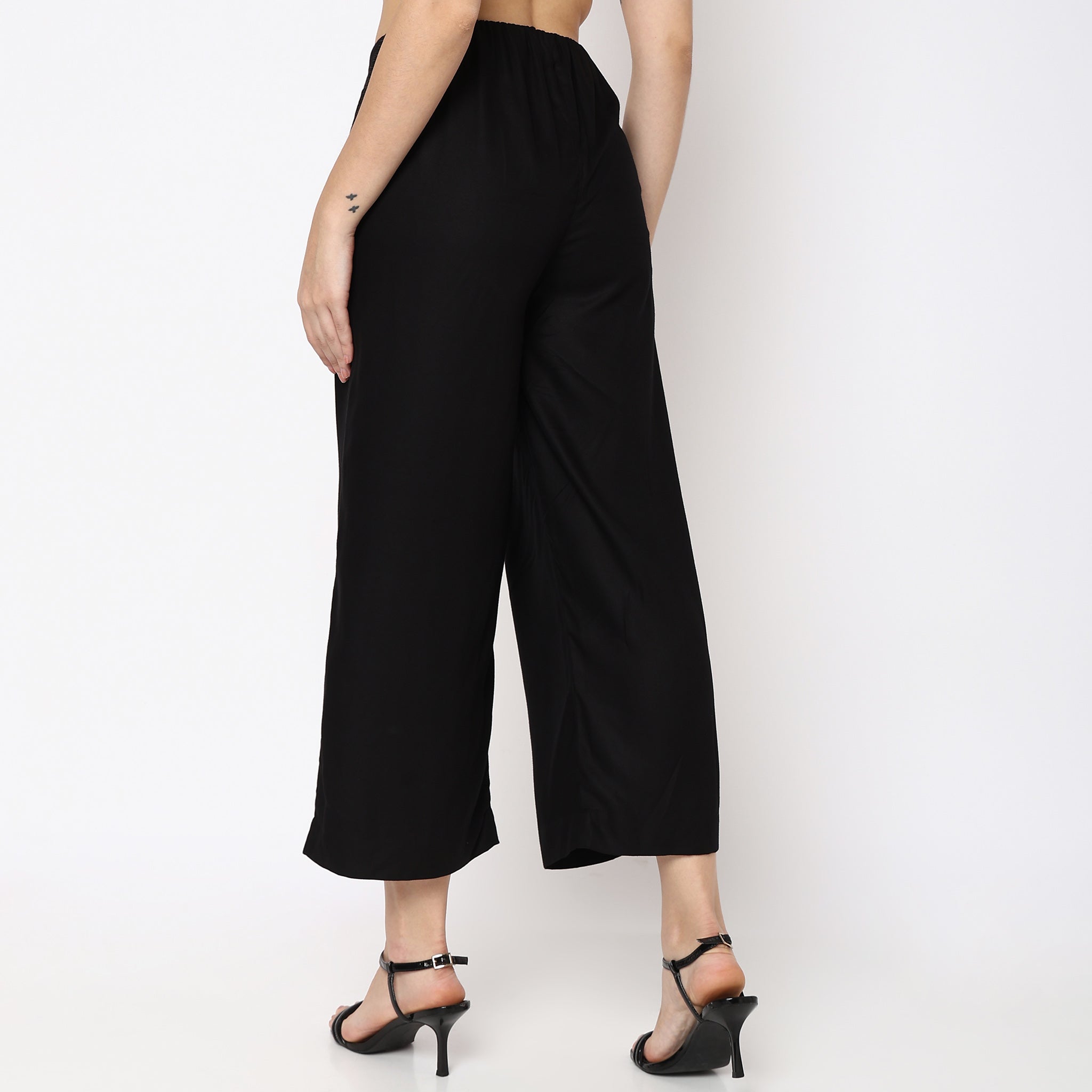 Flare Fit Solid Palazzos - Women's High Waisted Wide Leg Pants for Casual & Office Wear | Comfortable Stretchy Fabric for Everyday Style