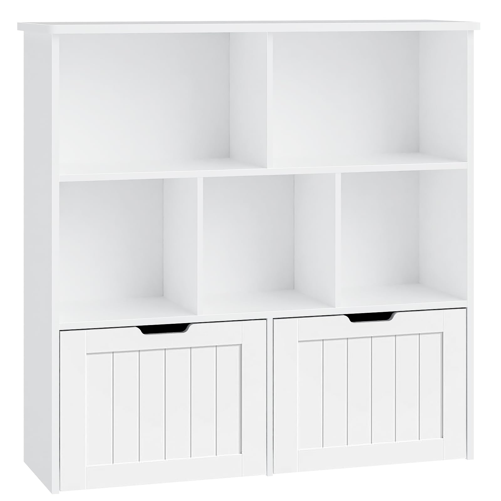 Multifunctional White Toy Storage Organizer with 2 Movable Drawers & 5 Storage Cubbies - Kids Bookshelf, Toy Chest with Hidden Wheels for Playroom Organization | Perfect for Nursery, Daycare & Home Play Areas