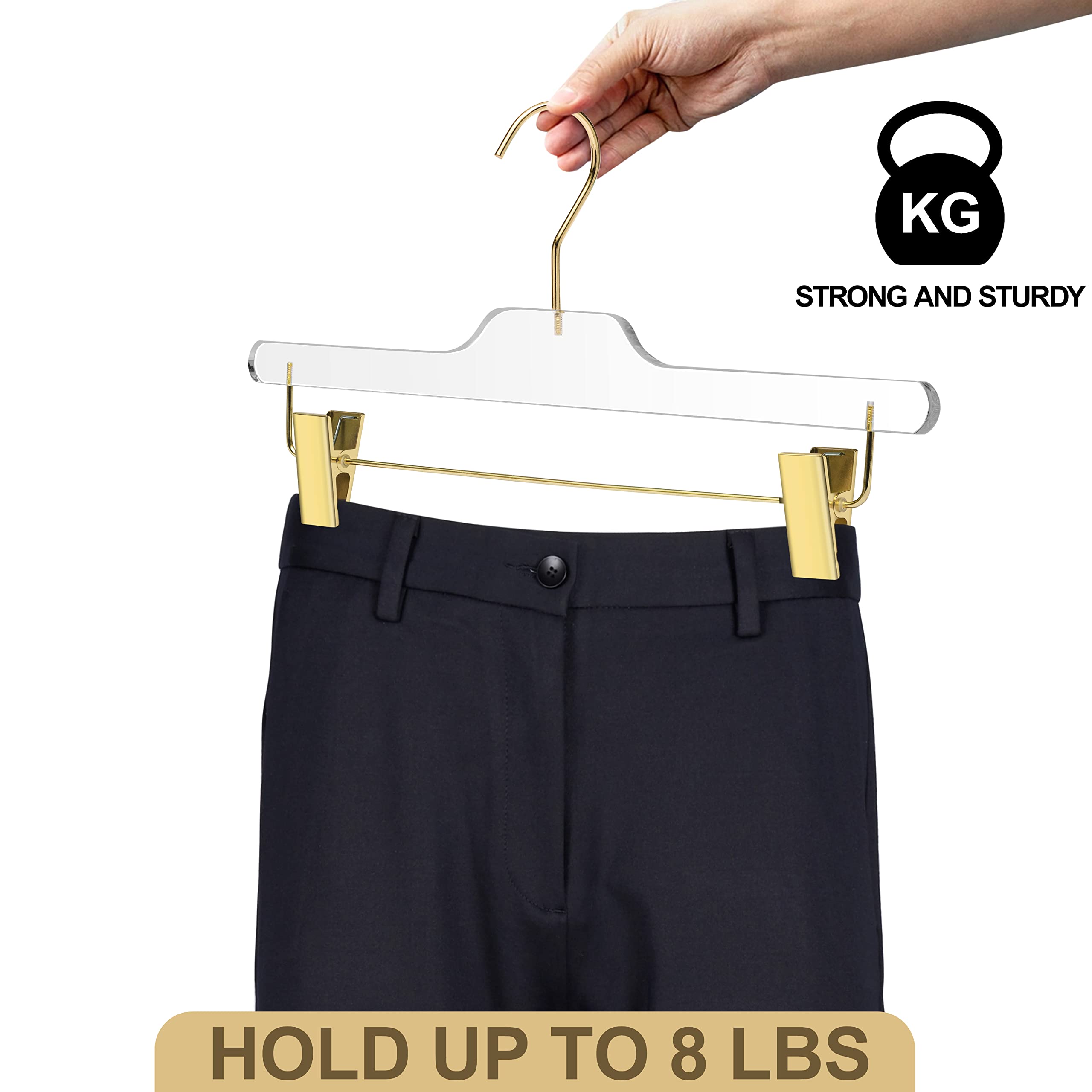 90-Pack Clear Acrylic Skirt & Pants Hangers with Adjustable Gold Metal Clips - Premium Lucite Trousers Hangers with Swivel Hook for Closet Organization - Perfect for Dresses, Skirts, Pants & Bottom Wear Storage