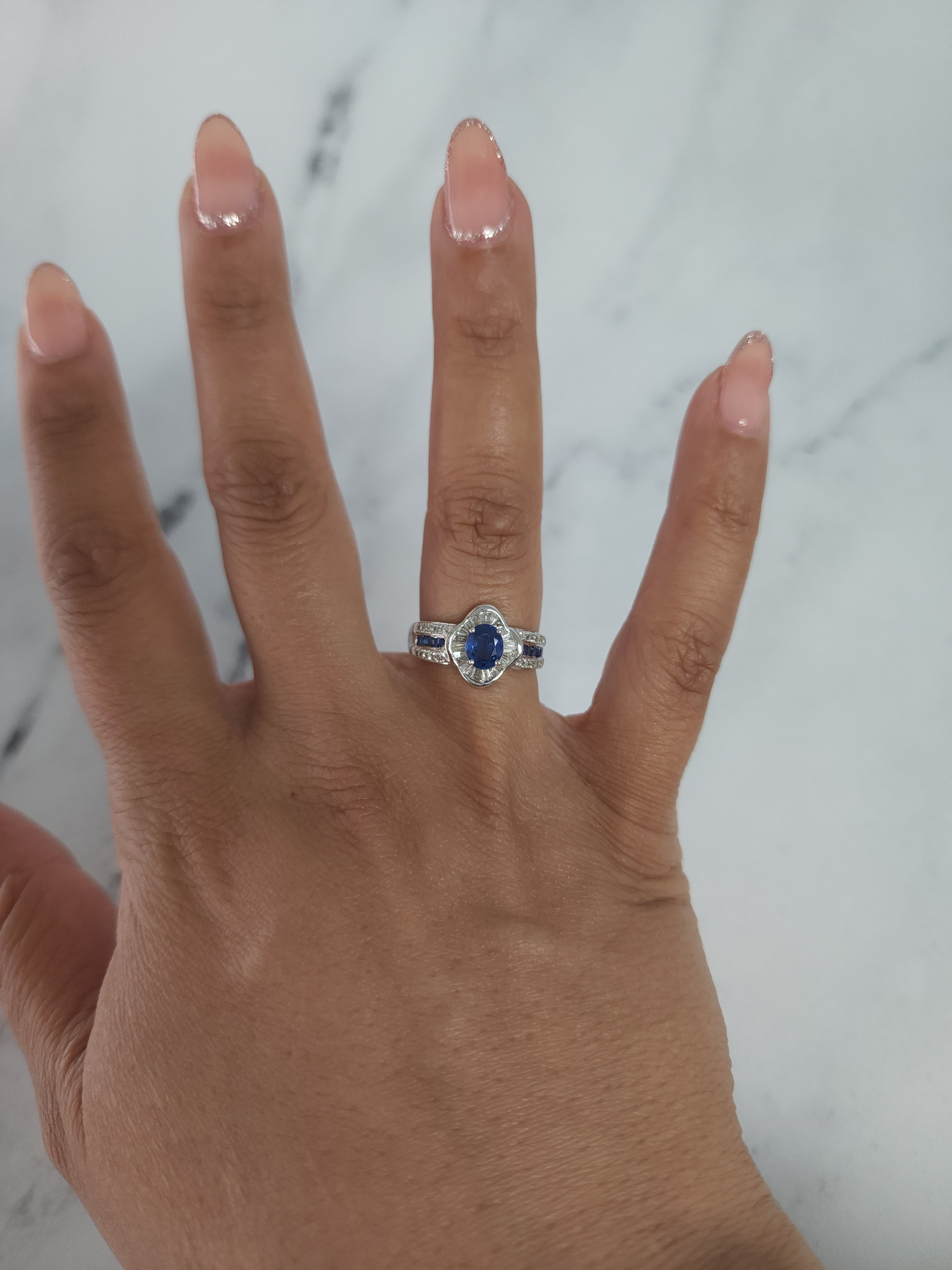 1.60cttw Sapphire and Diamond Baguette Engagement Ring in 18k White Gold – Perfect for Proposals, Anniversaries & Bridal Jewelry