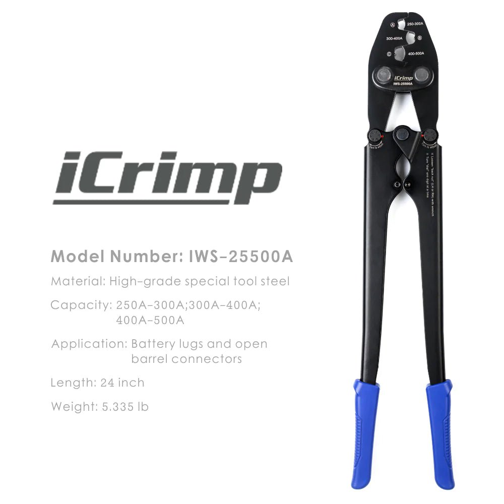 IWS 25500A Battery Cable Crimper Tool for 250A to 500A Open Barrel Lugs - Lead Free OEM Battery Terminals - Perfect for Automotive, Marine, and Solar Power Applications
