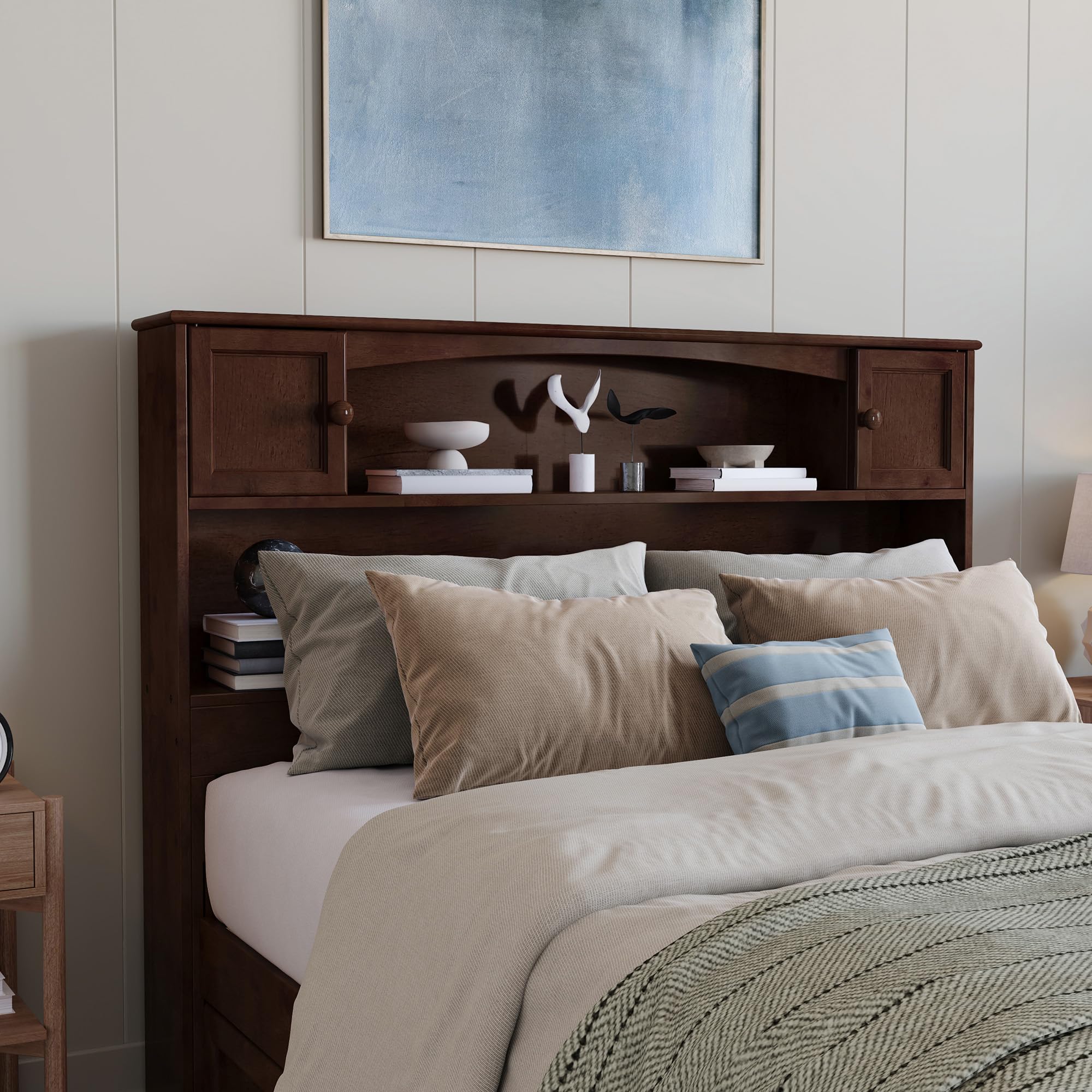 AFI Newport Full Size Bookcase Headboard with USB Charging Port - Solid Walnut Wood Bed Frame for Bedroom Storage & Organization - Perfect for Small Spaces, Apartments & Dorm Rooms