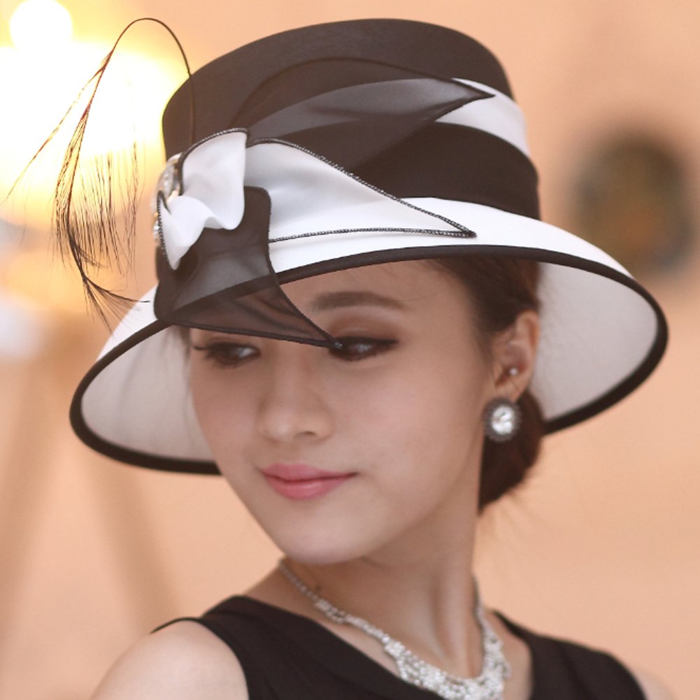 Elegant Black & White Derby Hats with Feather for Women | Formal Church & Wedding Hats | Stylish Bucket Hat for Sunday Service, Tea Party & Special Occasions