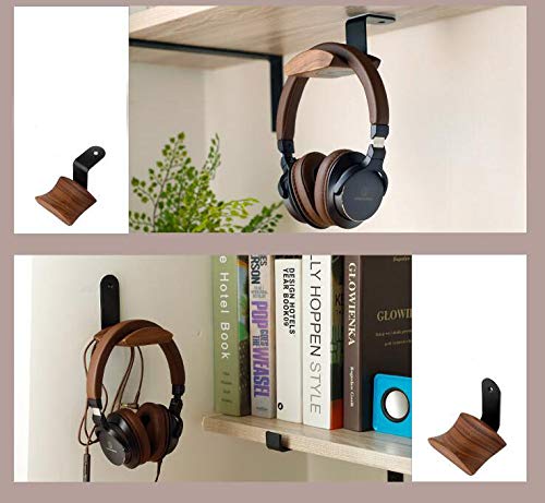 Walnut Wood Wall Mount Headphone Hanger Stand - Under Desk Headset Hook Holder for Audio, Studio & Gaming Headphones - Perfect for Home Office, Gaming Setup & Music Studio Organization