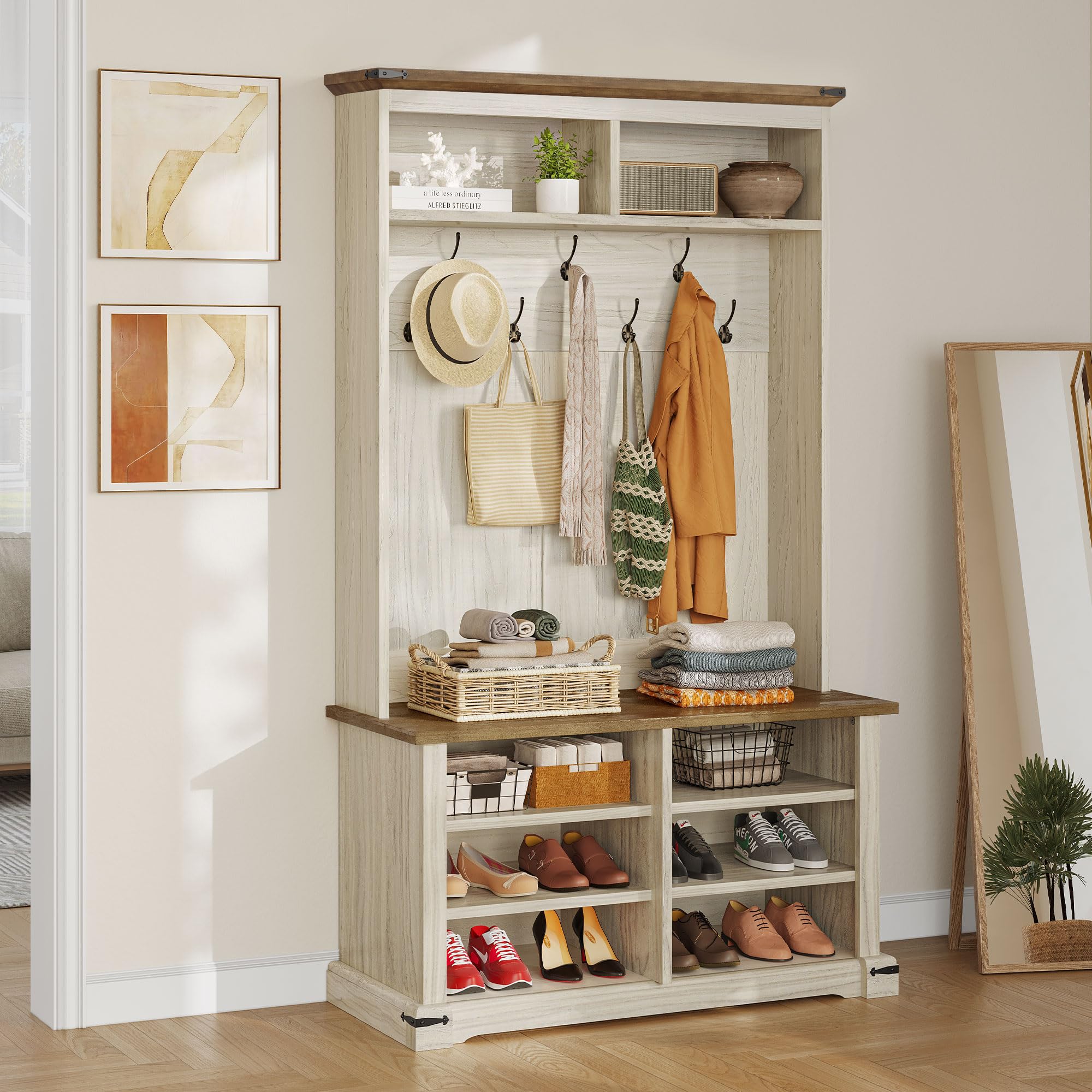 YITAHOME Farmhouse Entryway Hall Tree with Bench, Coat Rack & Shoe Storage - 7 Hooks, 6 Shoe Compartments & Adjustable Shelf - Perfect for Mudroom, Foyer or Front Porch Organization