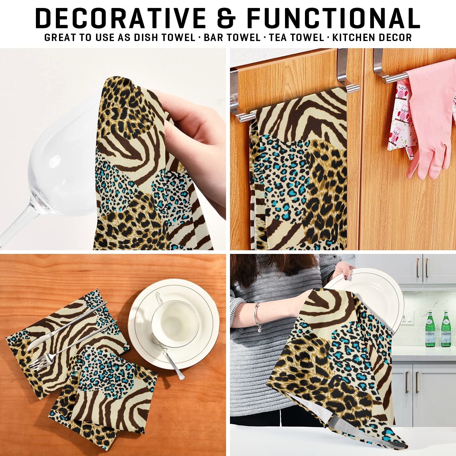 Vintage Tiger Zebra Leopard Print Kitchen Towels - Set of 4 Super Absorbent Soft Dishcloths (18