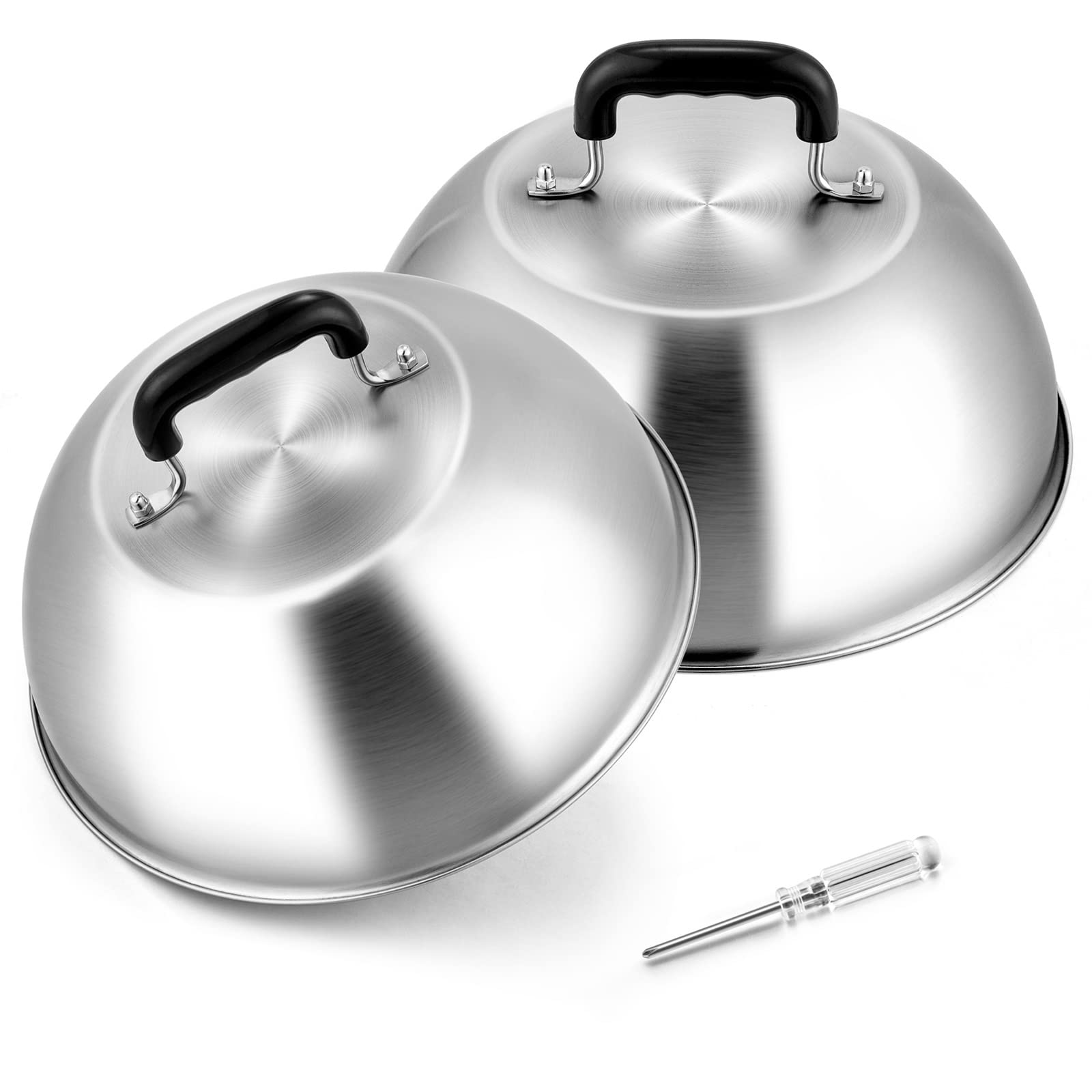 Joyfair 12-inch Stainless Steel Cheese Melting Dome Set of 2 - Basting Cover for Griddle & Flat Top Grill - Perfect for Outdoor BBQ, Teppanyaki Cooking, Steaming Burgers & Melting Cheese - Dishwasher Safe (No Vent)