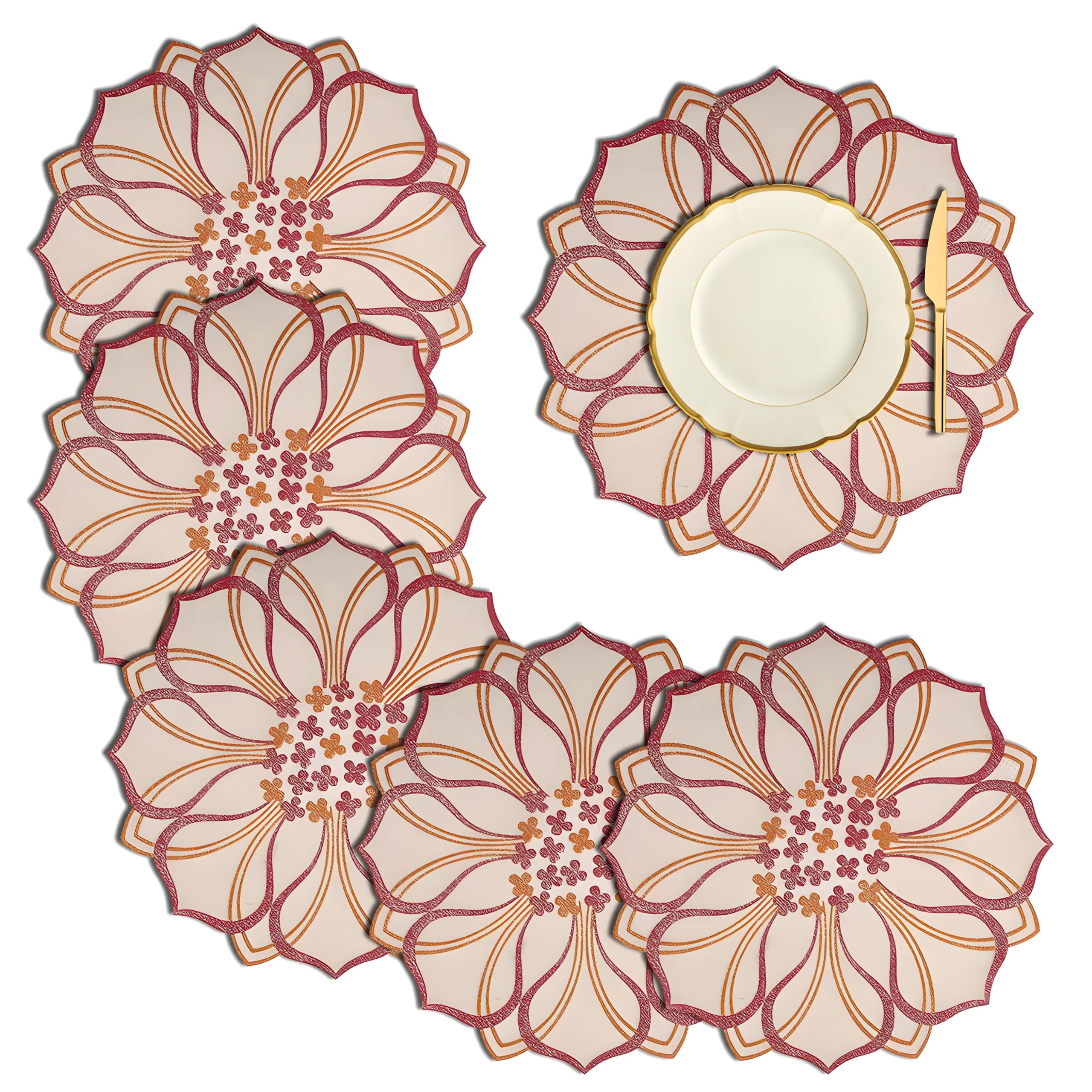Kuber Industries Round Placemats Set of 6 - Golden Leaf Design Table Mats for Dining & Kitchen, Decorative Table Runner for Home Decor - Perfect for Dinner Parties, Holiday Gatherings & Everyday Meals