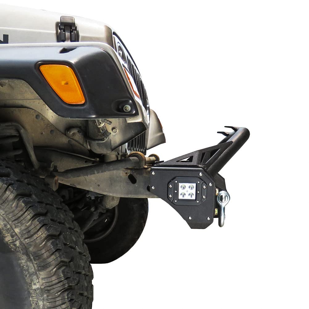 Black Textured Front Bumper with Winch Plate, 4 Aluminum Lights & 2 D-Rings for 1997-2006 Jeep Wrangler TJ - Off-Road Protection & Adventure-Ready Upgrade