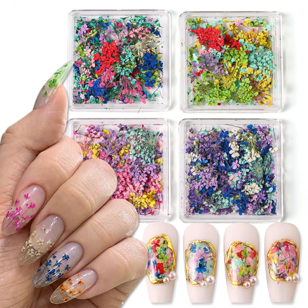 4Box 3D Dried Flowers Nail Art Stickers - Natural Dry Flower Nail Decals with Tiny Petals for DIY Manicure | Floral Nail Stickers for Women | Perfect for Wedding, Party, Salon & Home Nail Art Decorations