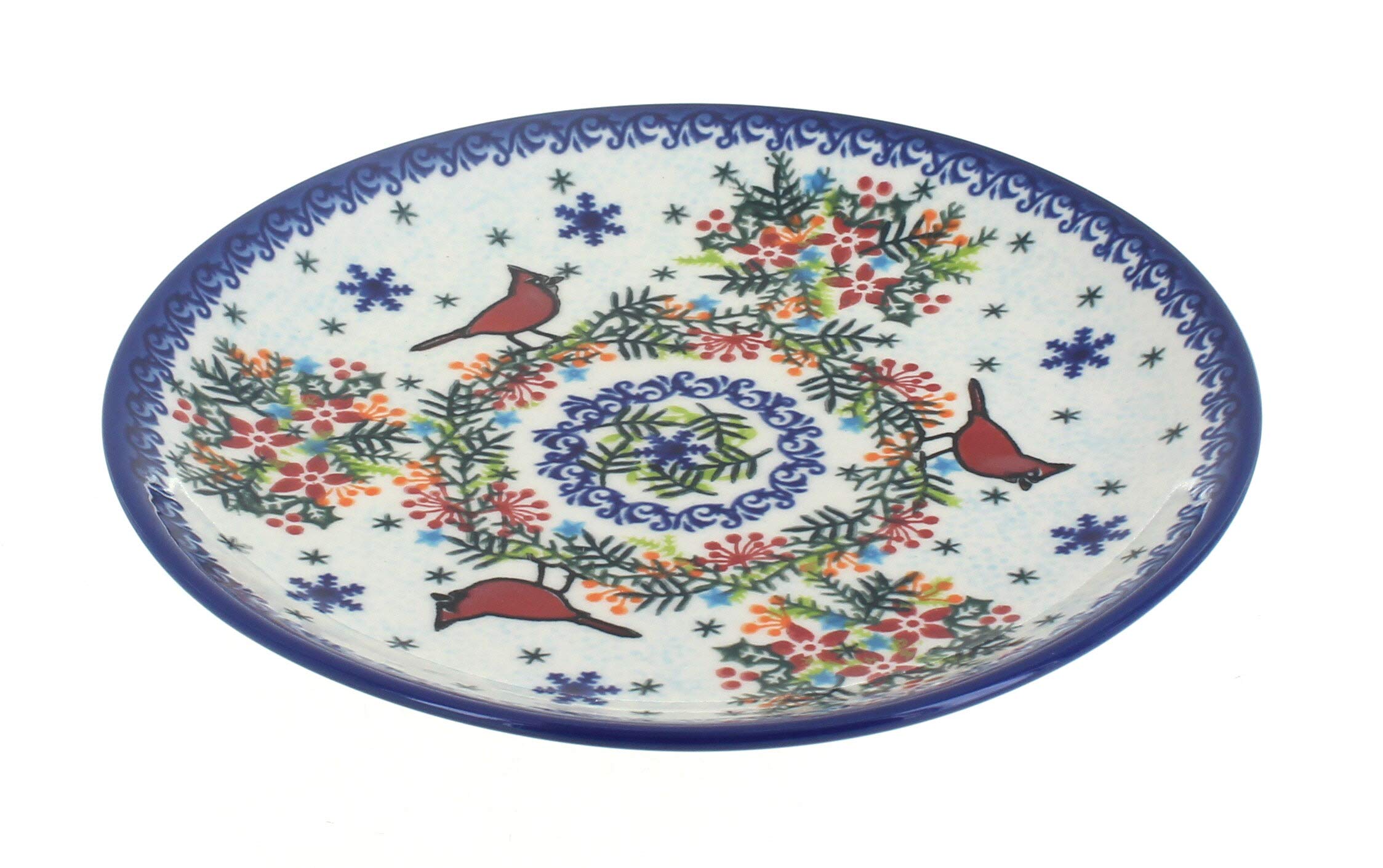 Blue Rose Polish Pottery Winter Cardinal Dessert Plate - Handcrafted Ceramic Plate for Holiday Desserts, Christmas Table Setting & Home Decor