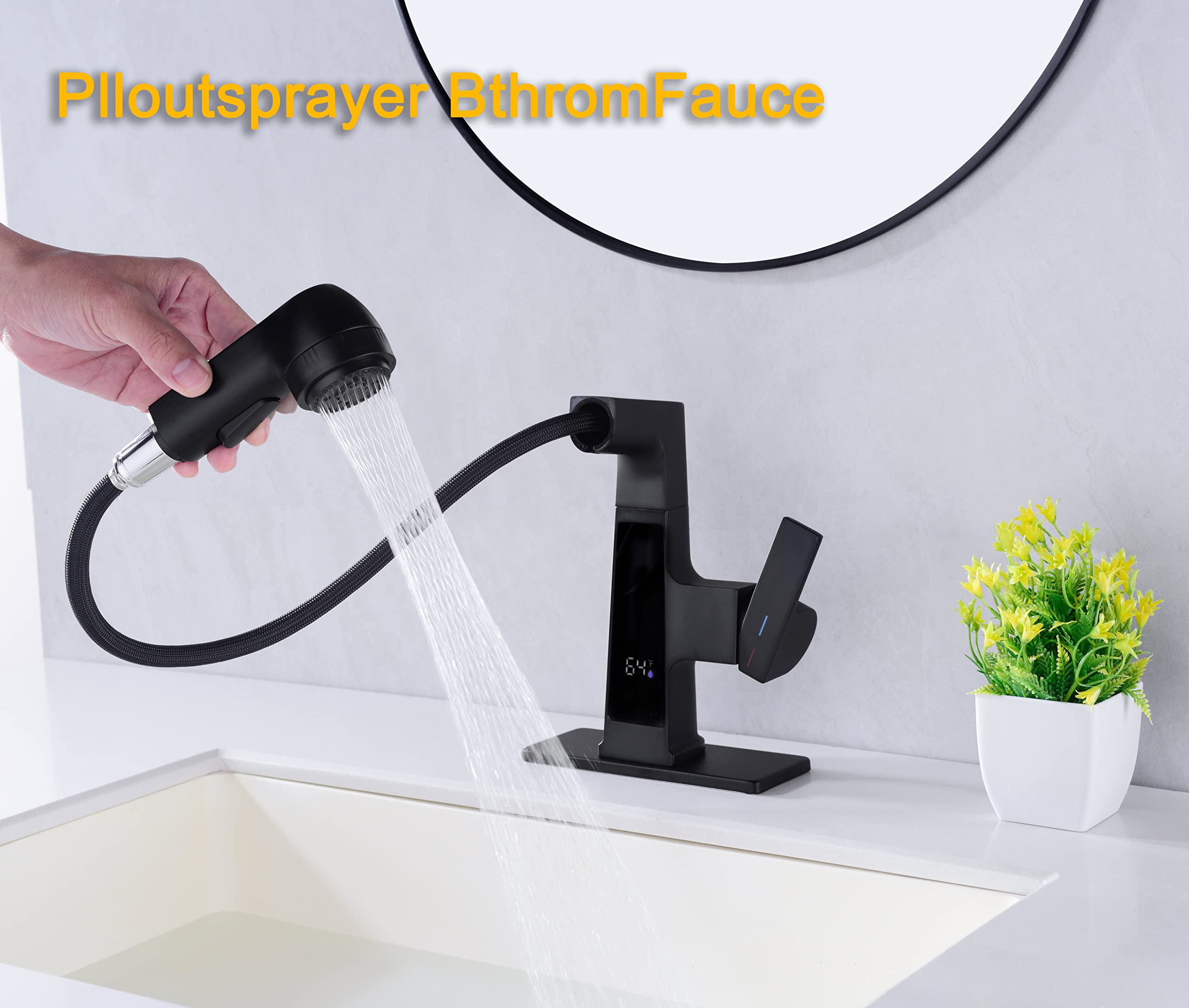 Digital Display Matte Black LED Bathroom Faucet with Pull-Out Sprayer - 5 Flow Modes for Modern Sinks