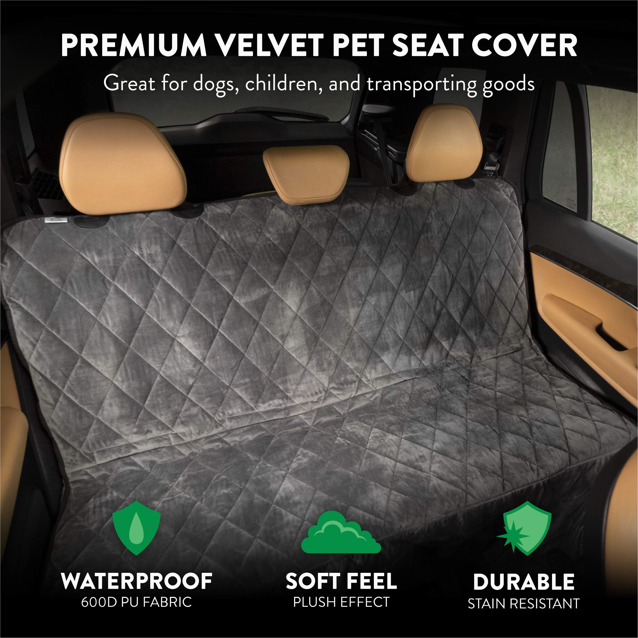 Plush Paws Velvet Rear Car Seat Protector with Hammock - Washable & Waterproof Dog Seat Cover for Cars, Trucks & SUVs - Non-Slip, Tear-Resistant Pet Car Accessory - X-Large London Grey - Perfect for Road Trips & Daily Pet Transportation