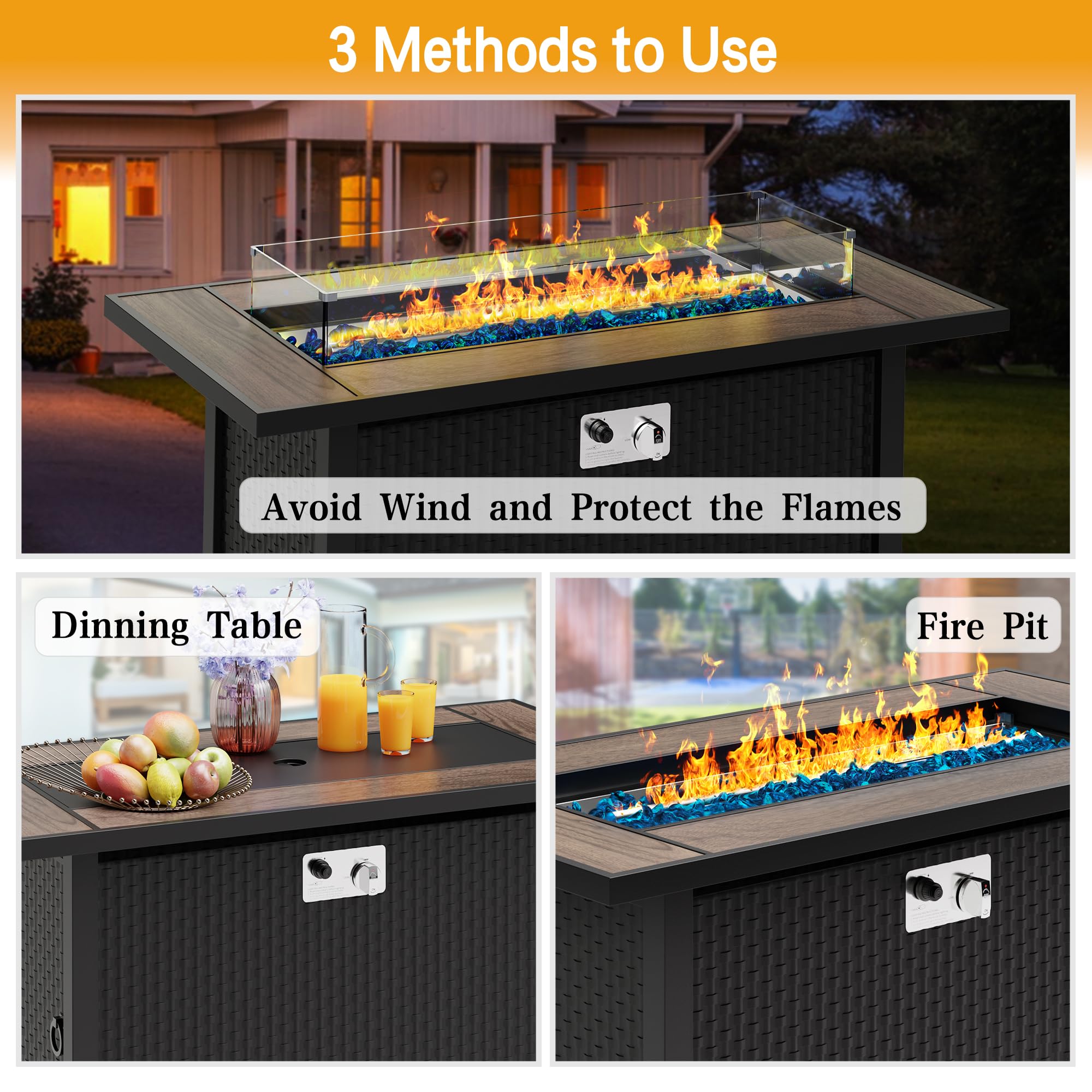 Meilocar 45-inch Outdoor Propane Fire Pit Table with Glass Wind Guard & Rain Cover - 50,000 BTU 3-in-1 Fire Table for Patio, Yard, or Balcony - Walnut Tabletop - Perfect for Backyard Gatherings, Camping, and Outdoor Relaxation