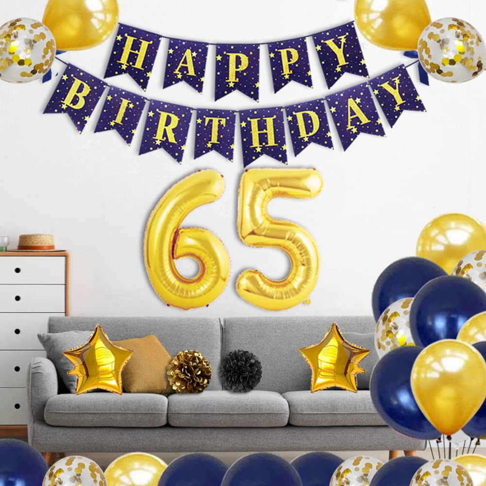 65th Birthday Party Decorations Set - Gold 'Happy 65th Birthday' Banner, Number Balloons, Sash & Confetti Balloons for 65 Year Old Celebration - Perfect for Milestone Birthday Parties, Retirement Celebrations & Anniversary Events (Dark Blue)