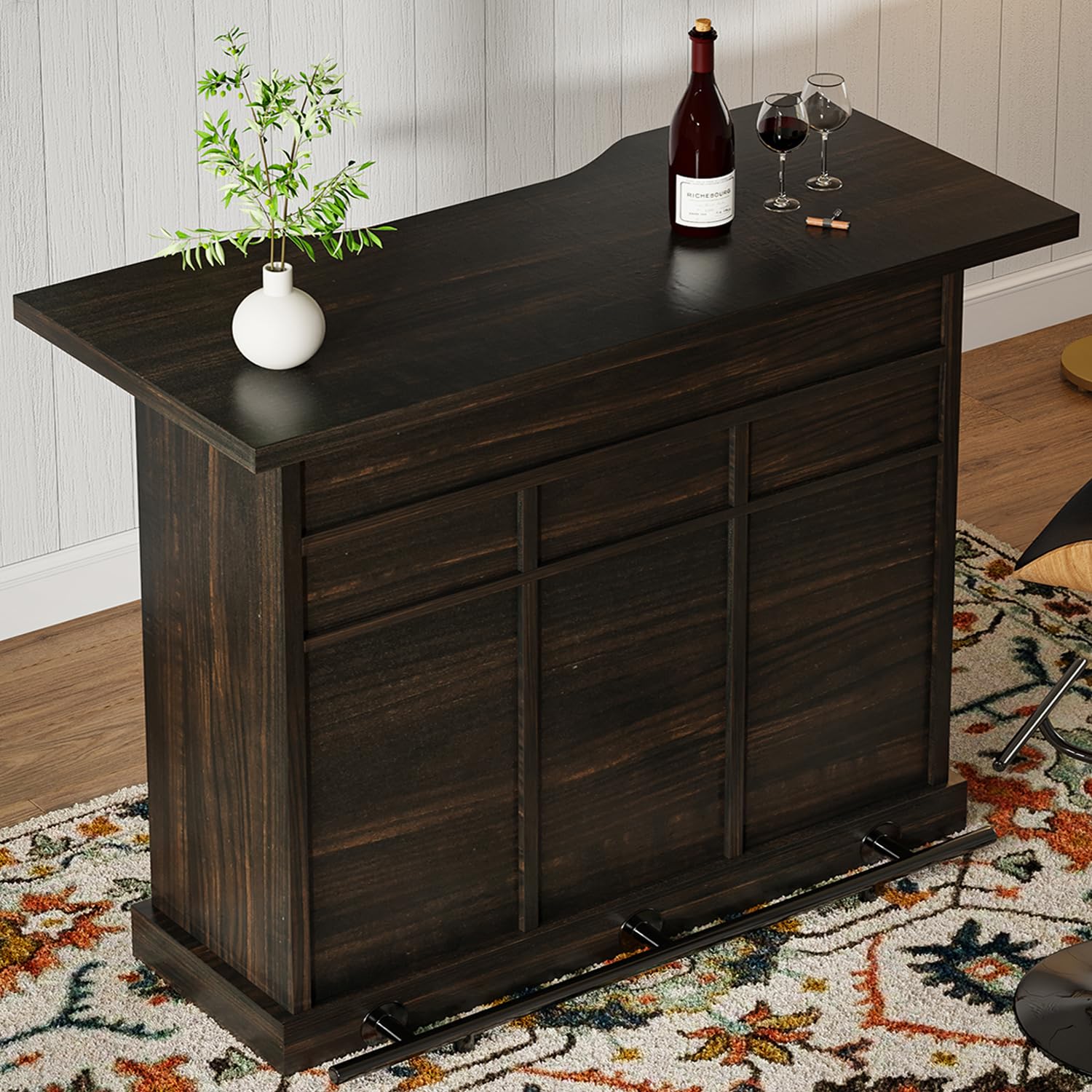 4-Tier Farmhouse Home Bar Cabinet with Wine Racks & Drawers - 52 Inch Rustic Liquor Storage Unit with Barn Door & Footrest - Perfect for Home Bars, Dining Rooms & Entertaining Spaces (Dark Oak)