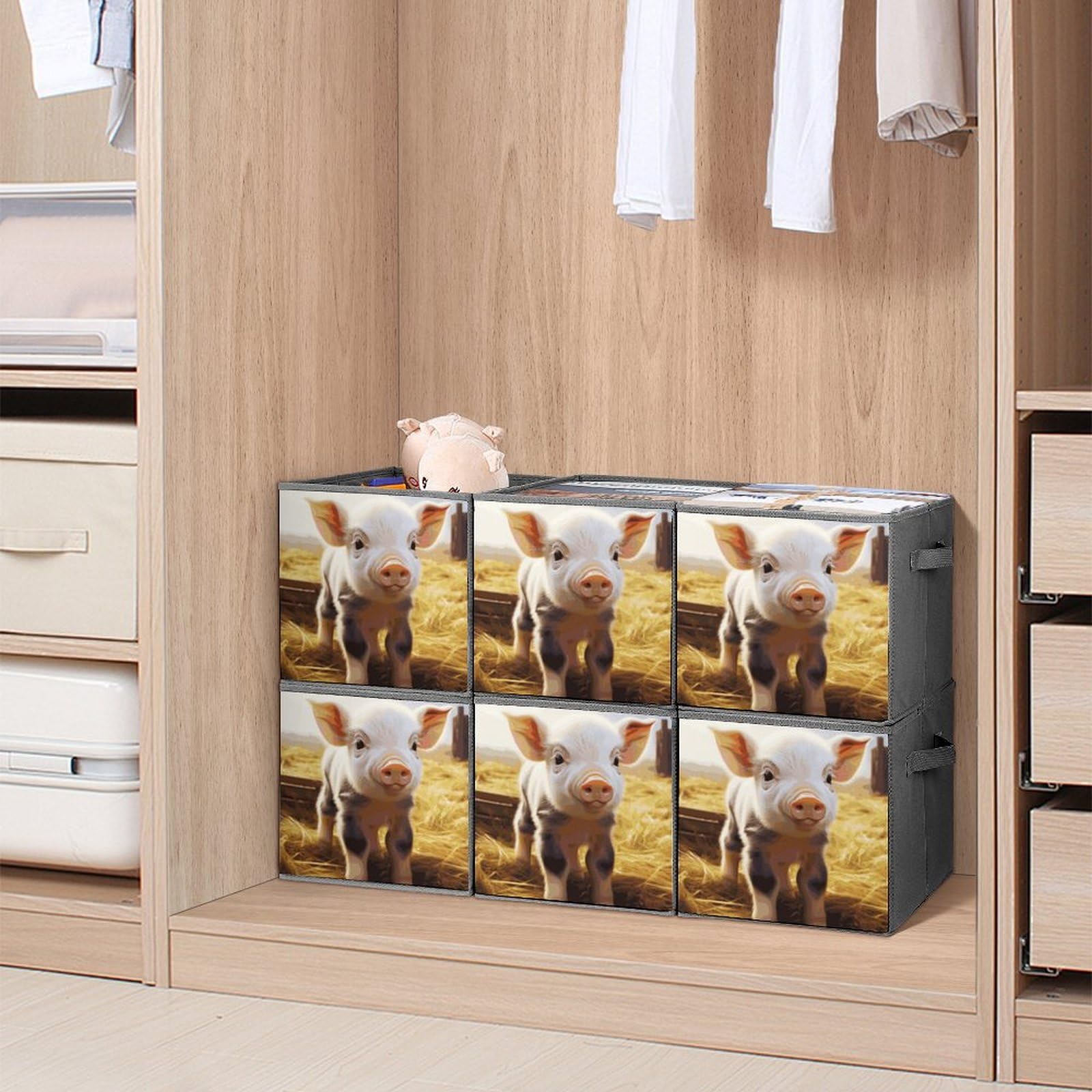 6PCS Collapsible Storage Bins with Handles - Cute Farm Animal Printed Foldable Organizer Boxes for Home, Kitchen, Nursery & Office Organization (Shelves, Closet, Toys, Books)