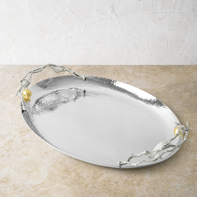 Elegant Pomegranate Silver & Gold Oval Tray - Perfect for Home Decor, Gift Giving & Holiday Table Setting