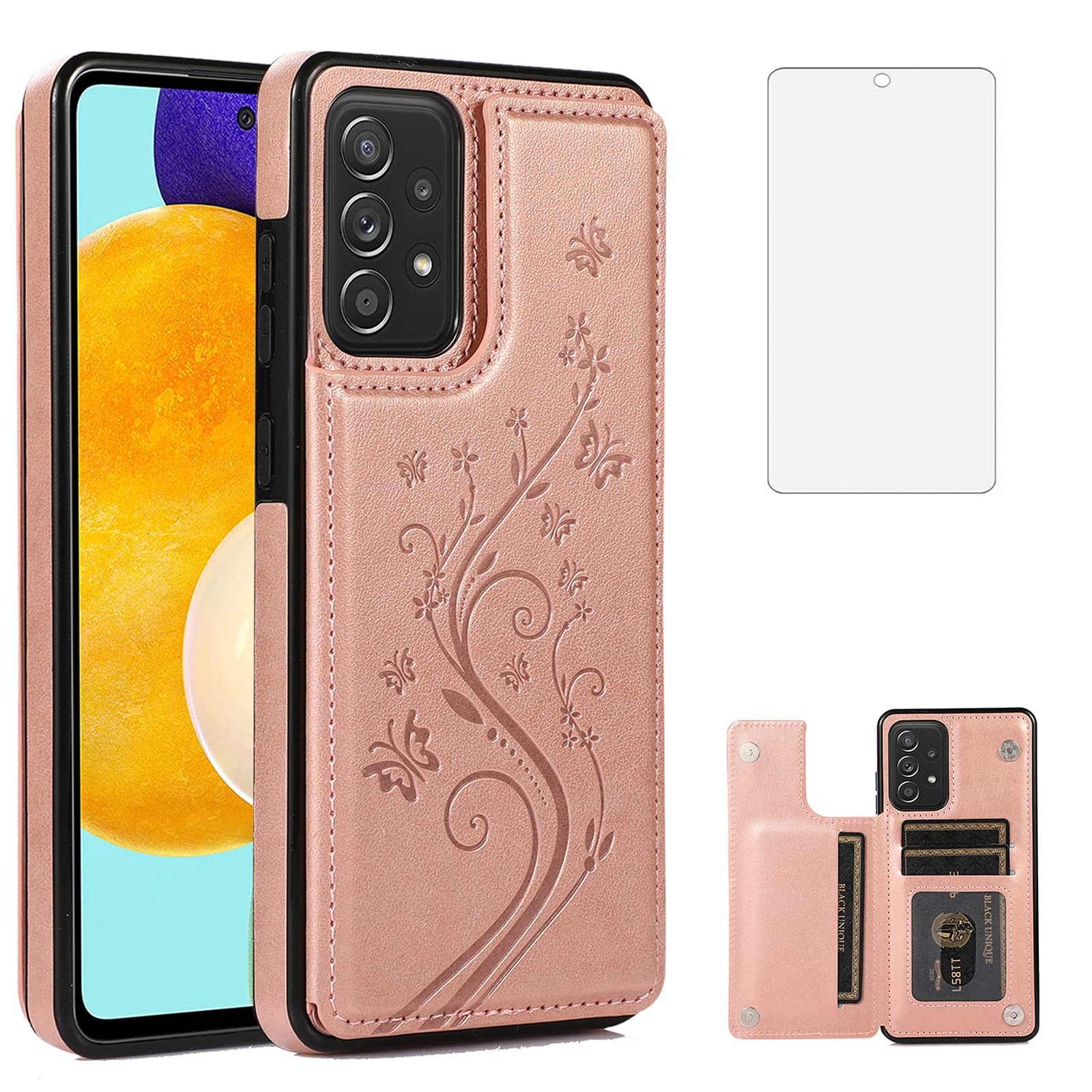 Samsung Galaxy A52 5G/4G Phone Case with Tempered Glass Screen Protector - Wallet Flip Leather Cover with Card Holder & Stand - Rose Gold Women's Design for Everyday Protection & Style