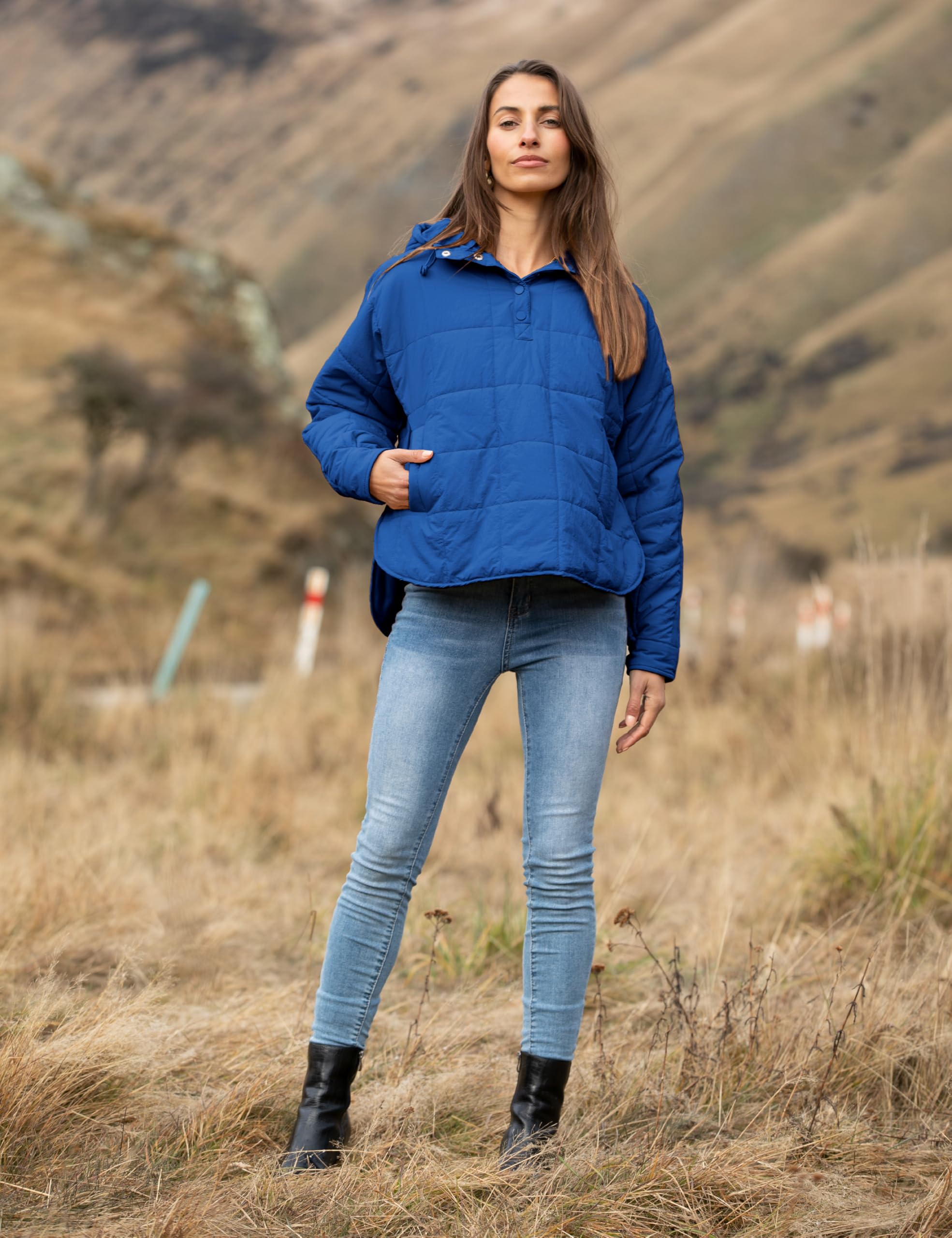 Women's Oversized Hooded Puffer Jacket - Lightweight Quilted Winter Coat for Warmth - Blue Pullover Sweatshirt (Size L) - Perfect for Cold Weather & Outdoor Activities