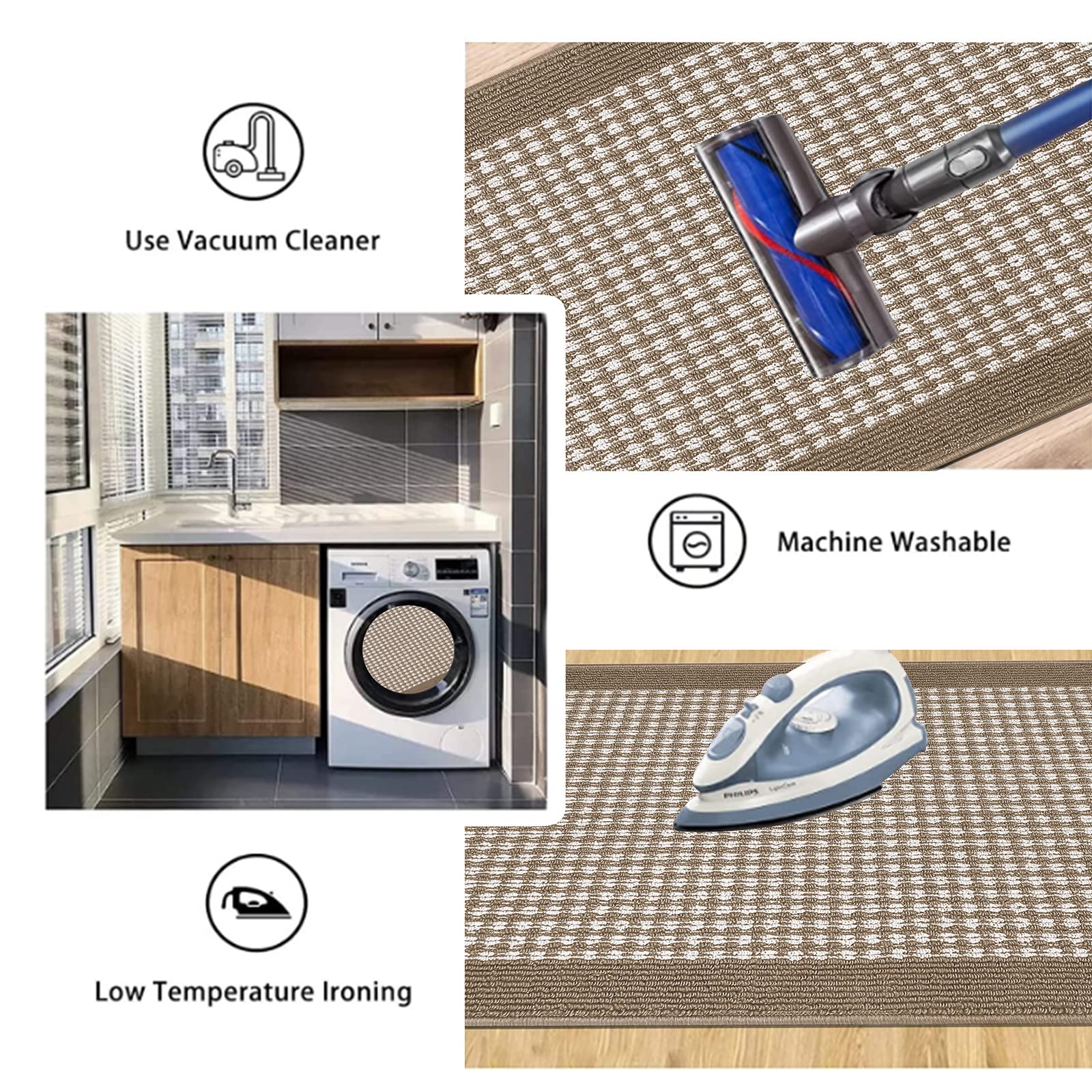 **Ileading 3-Piece Non-Slip Kitchen Mat Set - Minimalist 3D Lattice Design, Machine Washable, Farmhouse Style Floor Rugs for Kitchen, Laundry, Hallway & Entryway (Brown)**    *Perfect for adding comfort and style to high-traffic areas while preventing slips and spills!*