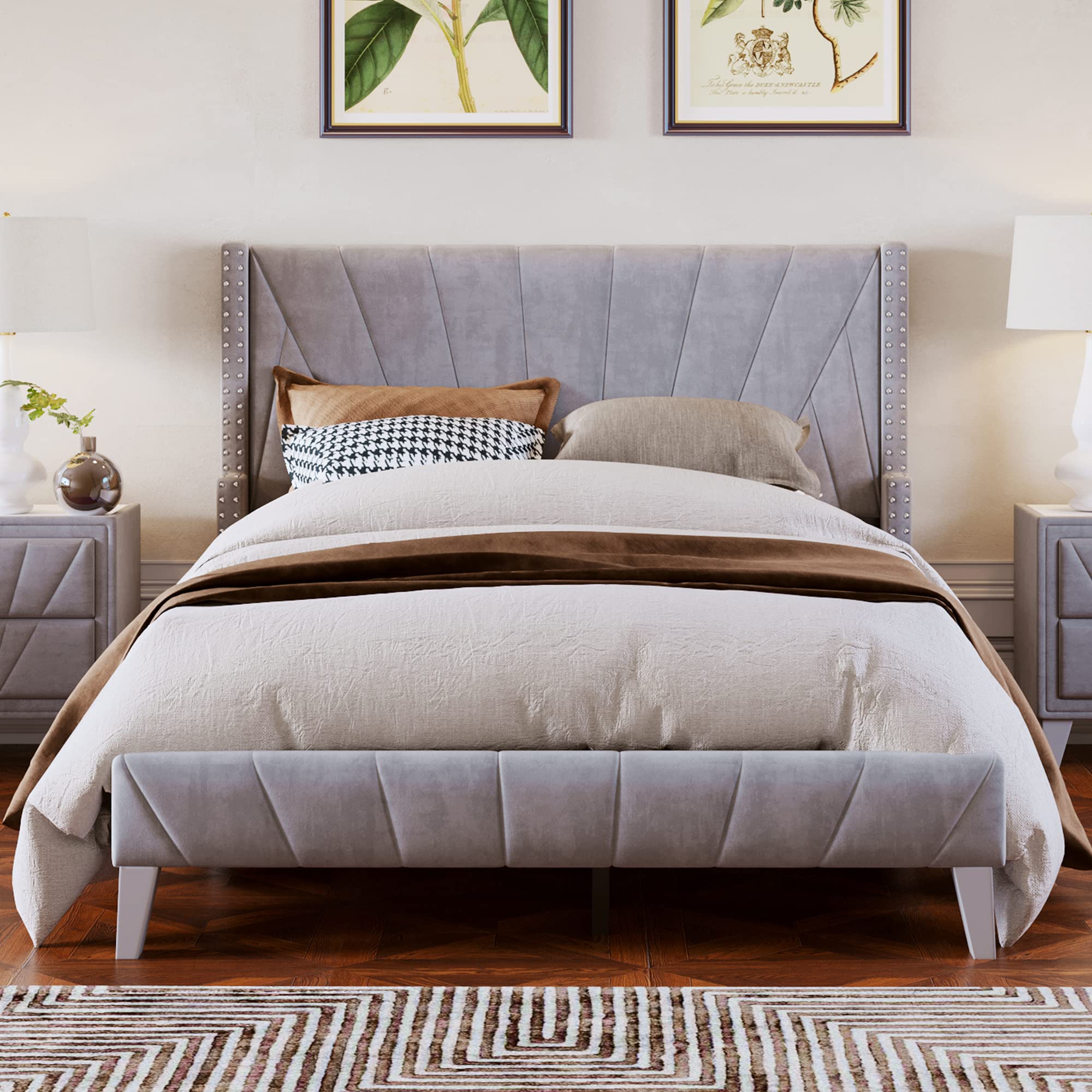 Full Size Velvet Upholstered Bed Frame with Channel Tufting & Nailhead Trim - Wood Platform Bed Frame in Gray - Perfect for Master Bedroom, Guest Room & Luxury Apartment Decor