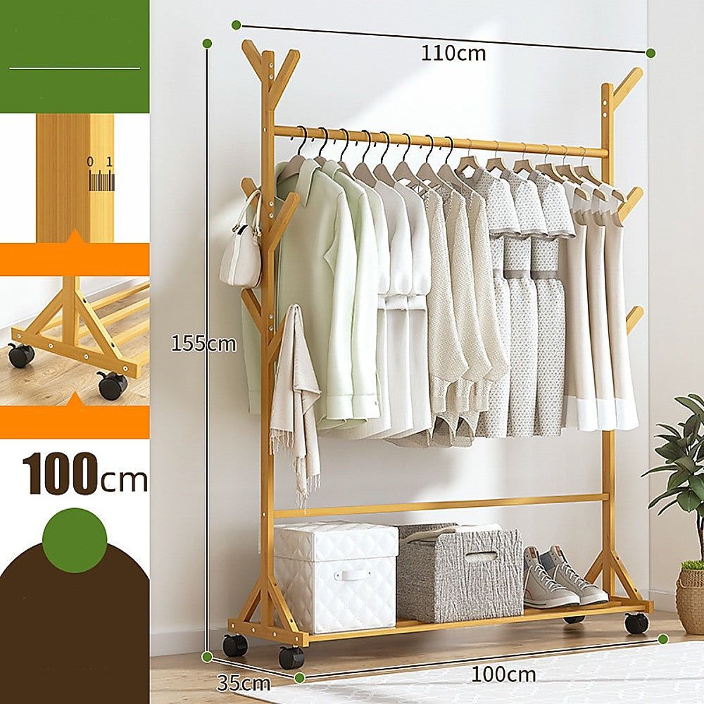 Portable Bamboo Clothes Rack - Adjustable Garment Stand with Wheels for Coat Hanging, Drying, and Organizing - Perfect for Bedroom, Closet, Laundry Room, and Small Spaces