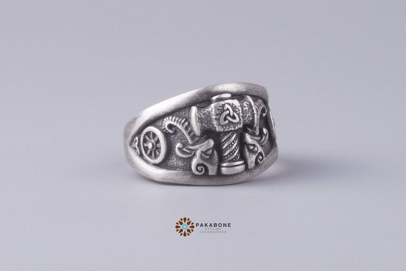 Viking Ring - Thor's Hammer Mjolnir with Tanngrisnir & Tanngnjóstr Goats & Valknut Symbol - Norse Mythology Jewelry for Men - Perfect for Viking Lovers, Cosplay & Medieval Reenactments