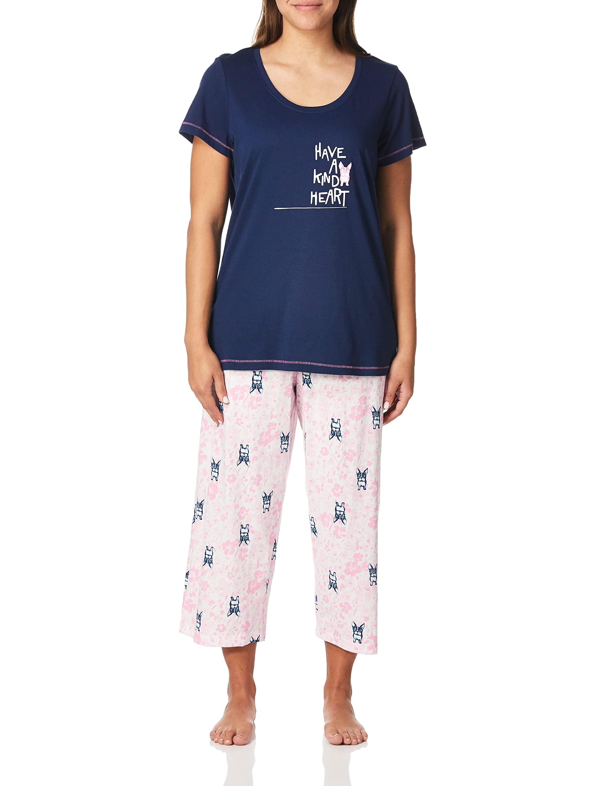 HUE Printed Knit Short Sleeve Tee and Capri 2-Piece Pajama Set - Soft Sleepwear for Women, Cozy Loungewear for Relaxing at Home or Sleeping