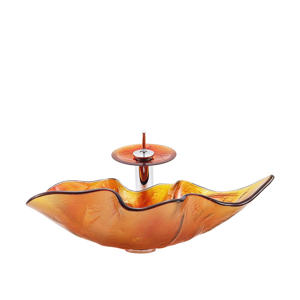 Modern Maple Leaf Shaped Tempered Glass Bathroom Vessel Sink with Waterfall Faucet - Countertop Installation, Artistic Vanity Sink with Pop-Up Drain (Orange) - Perfect for Contemporary Bathrooms, Spa Retreats & Luxury Home Decor