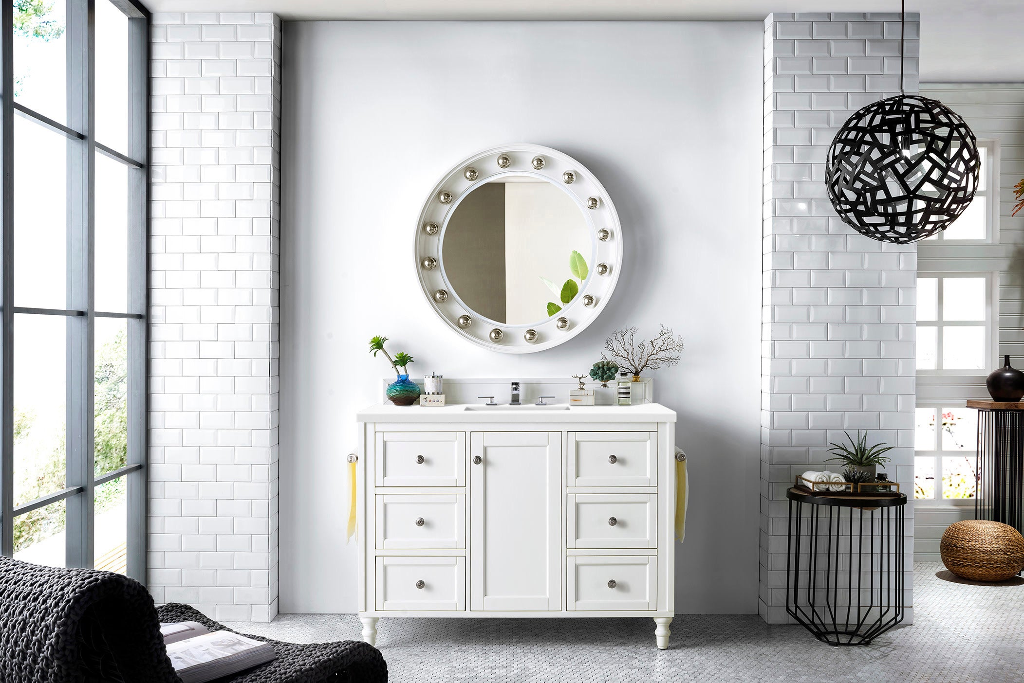 Copper Cove Encore 48 Inch Single Bathroom Vanity with White Zeus Quartz Top - Bright White Finish for Modern Bathrooms | Perfect for Master Bath, Guest Bath & Powder Room Remodeling