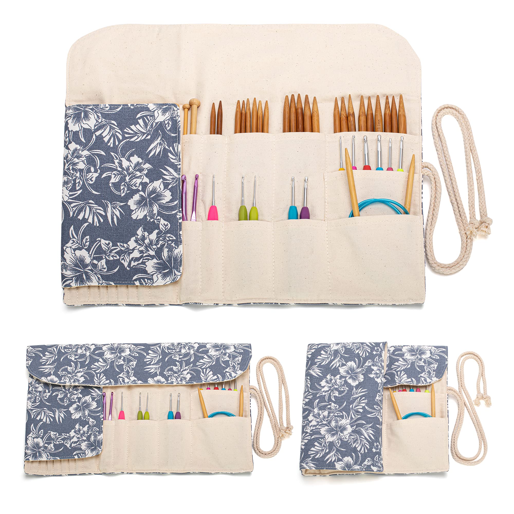Teamoy Knitting Needles Holder Case (11 Inches) - Rolling Organizer for Straight & Circular Knitting Needles, Crochet Hooks & Accessories - Blue Floral Design - Perfect for Knitting Projects, Travel & Craft Storage