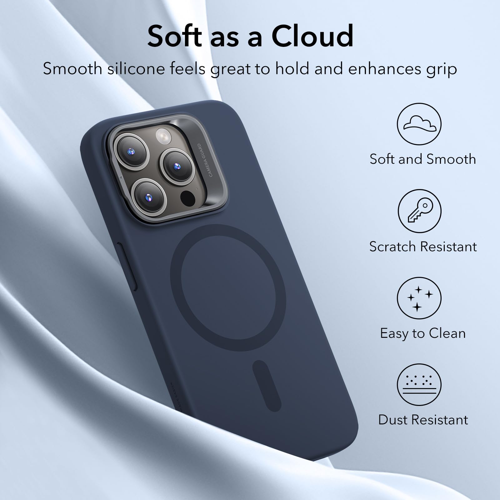 ESR MagSafe Silicone Case for iPhone 15 Pro - Military-Grade Protection with Built-in Stand & Camera Stash | Magnetic Phone Cover (Dark Blue, Cloud Series) - Perfect for Work, Travel & Daily Protection