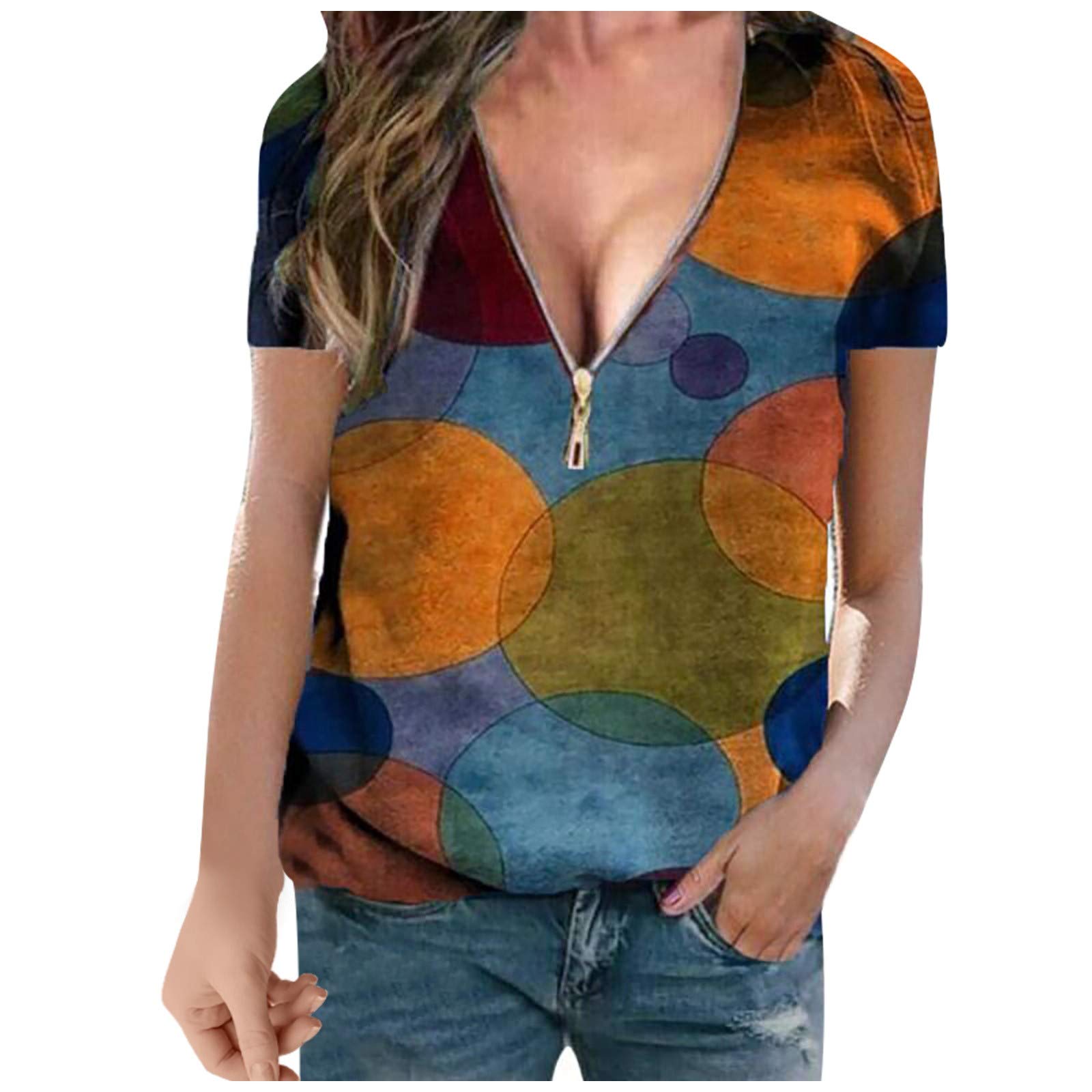Vacger Women's Geometric Print Tunic Top - Casual Short Sleeve V-Neck Summer Blouse with Zipper Detail | Perfect for Beach Outings, Vacation Wear & Everyday Comfort