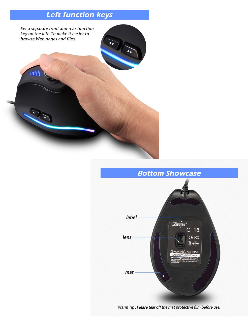 Zelotes C18 Ergonomic Vertical Gaming Mouse - Wired USB, 10000 DPI, Adjustable Control Bar - Perfect for PC, MacBook, Desktop Gaming & Office Work