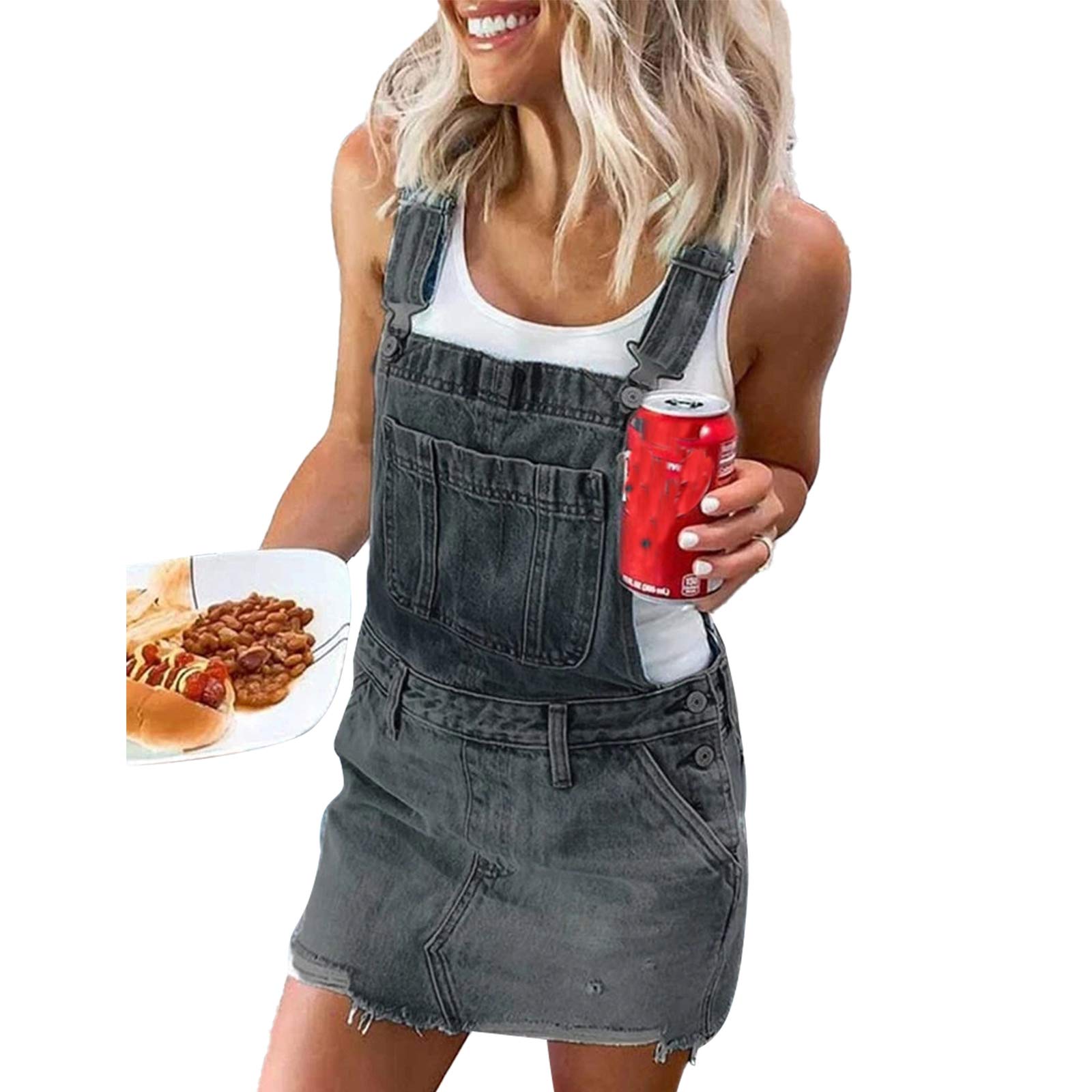 Women's Denim Backless Overall Dress with Adjustable Straps & Ripped Details - Mini Short Camouflage Star Flag Pocket Button Dress for Casual Outings, Music Festivals & Street Style Fashion