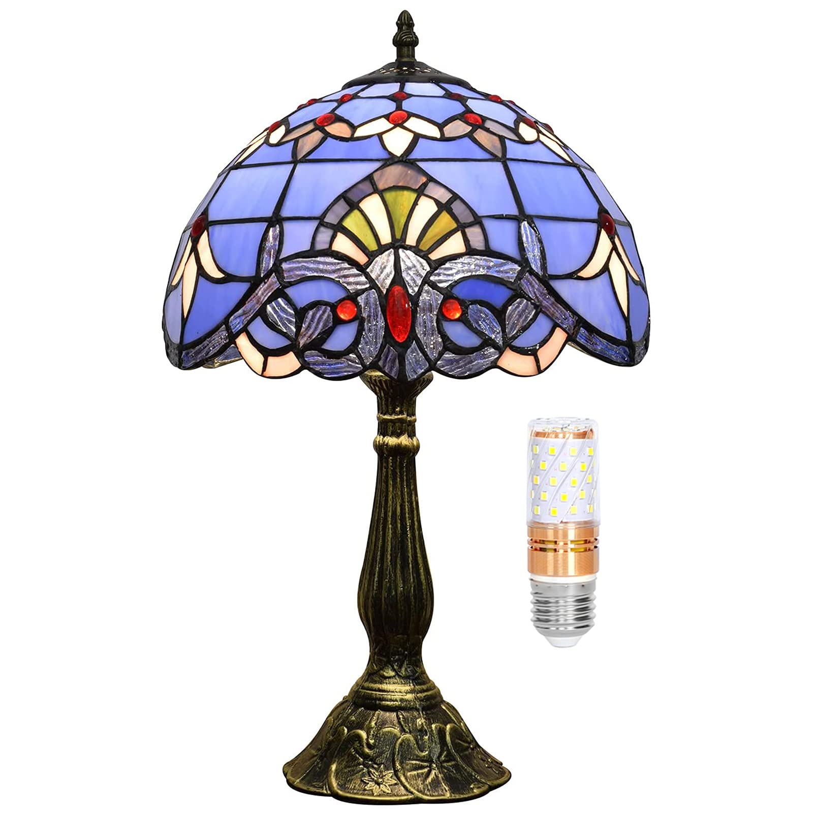 Tiffany Style Stained Glass Table Lamp - Blue Baroque Design for Bedroom, Living Room, Office & Dorm | Includes Light Bulb | Perfect for Reading, Decor & Gift Giving (12x12x18 Inches)