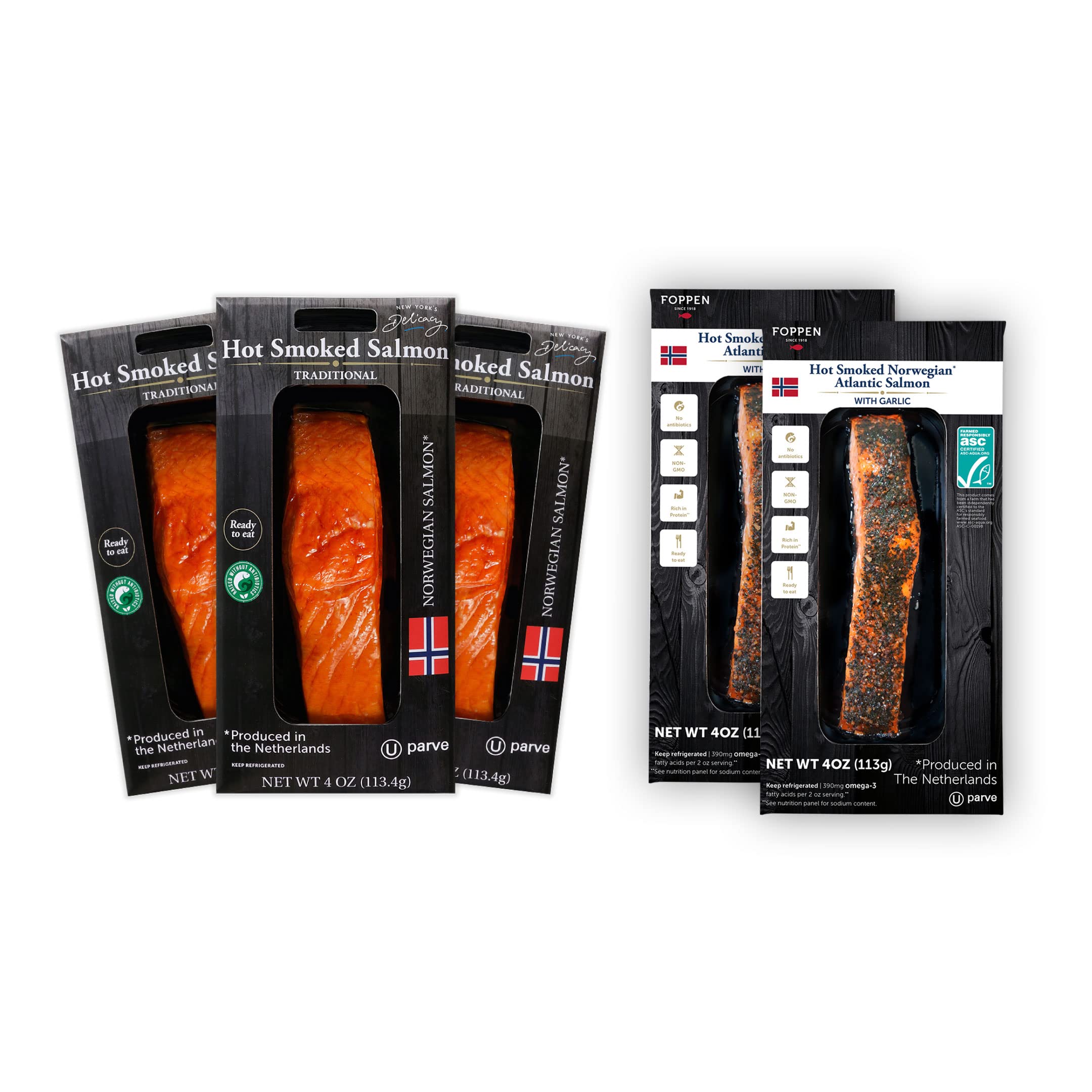Premium Hot Smoked Norwegian Salmon - 5 Pack (4 Oz Each) with 2x Natural, 1x Black Pepper, 1x Jalapeno & 1x Garlic - Kosher OU Certified, Gluten Free, High Omega 3 - Ready to Eat Gourmet Seafood for Parties, Charcuterie Boards & Healthy Snacking