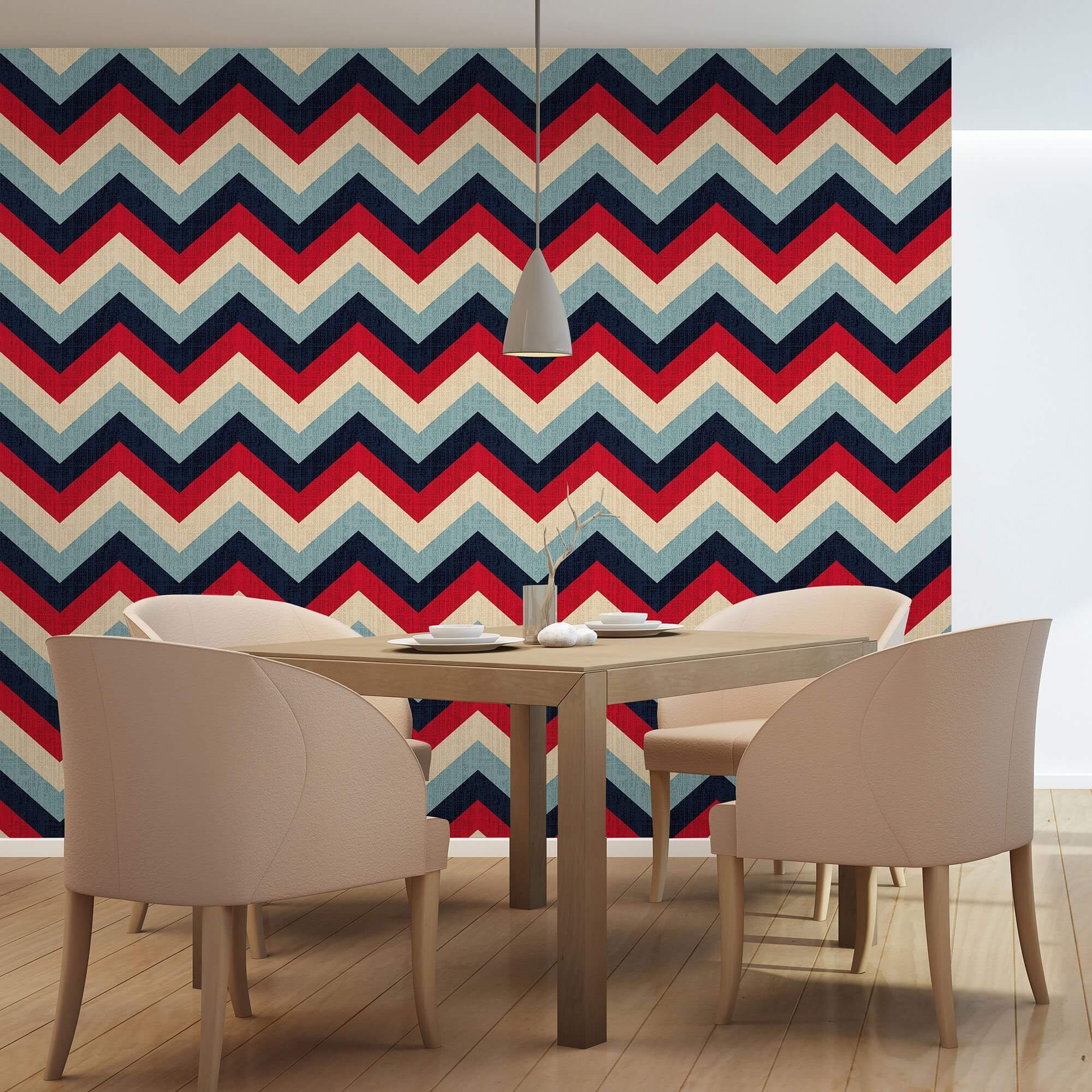 Red and Blue Chevron Geometric Peel and Stick Removable Wallpaper - Self-Adhesive Decorative Wall Covering for Bedroom, Living Room, Nursery & Office - Easy to Apply and Remove Without Damage