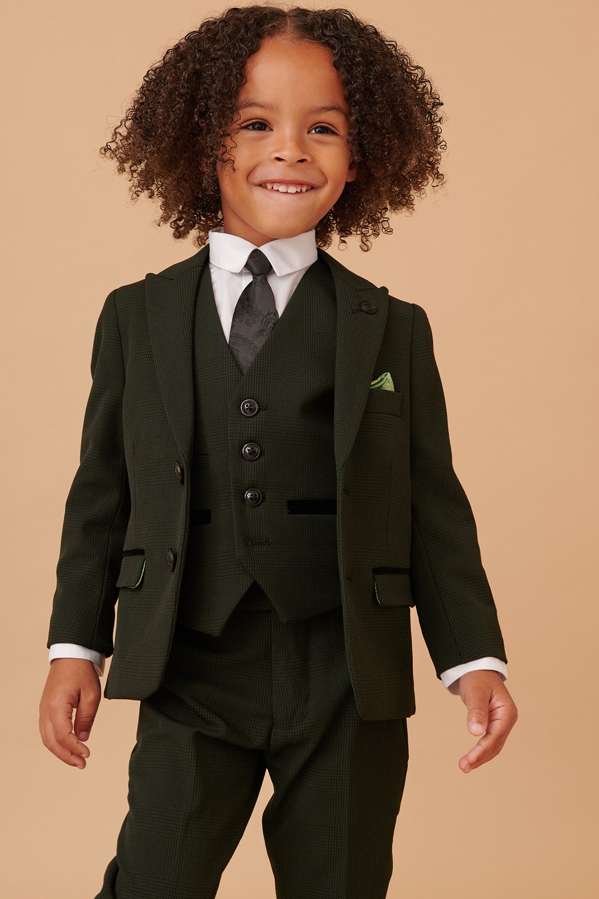 BROMLEY Kids' Olive Green Check Print 3-Piece Suit for Boys - Formal Wear for Weddings, Parties & Special Occasions