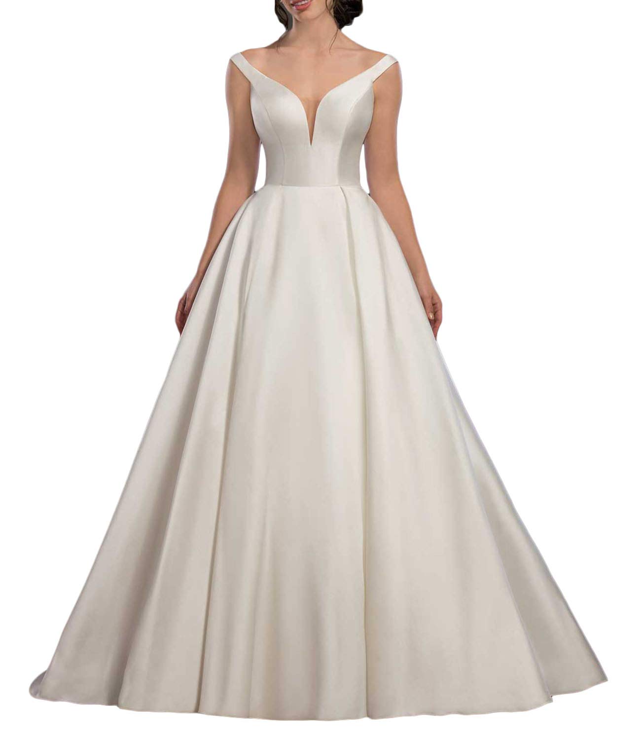 Ubride Women's V-Neck Satin Wedding Dress with Long Train & Pockets - Elegant Formal Bridal Gown for Church Ceremony, Beach Wedding & Reception
