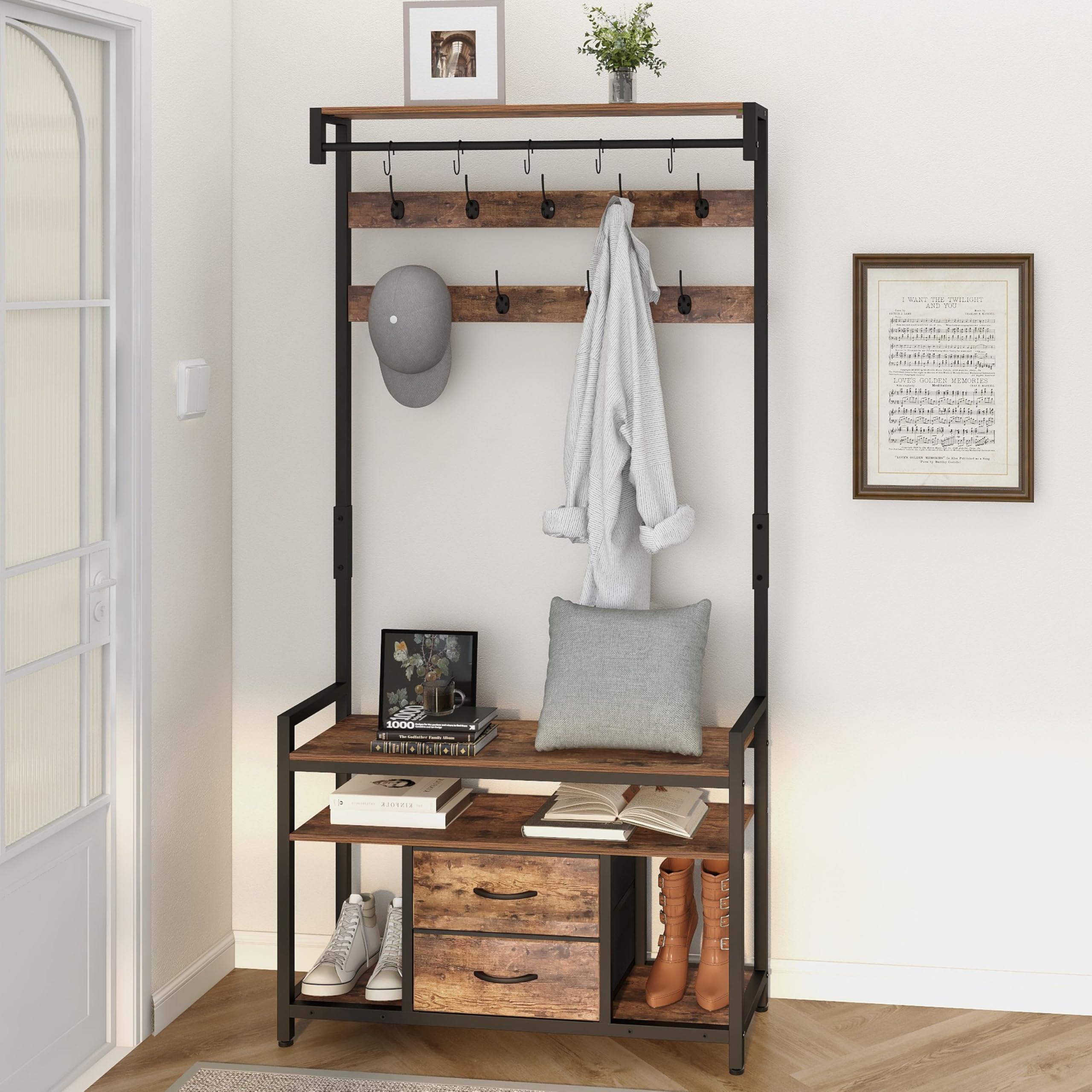 Vintage Brown Hall Tree with Bench & Shoe Storage - Entryway Organizer with Coat Rack, 14 Hooks, 2 Fabric Drawers - Perfect for Hallway, Living Room & Small Space Entry Organization