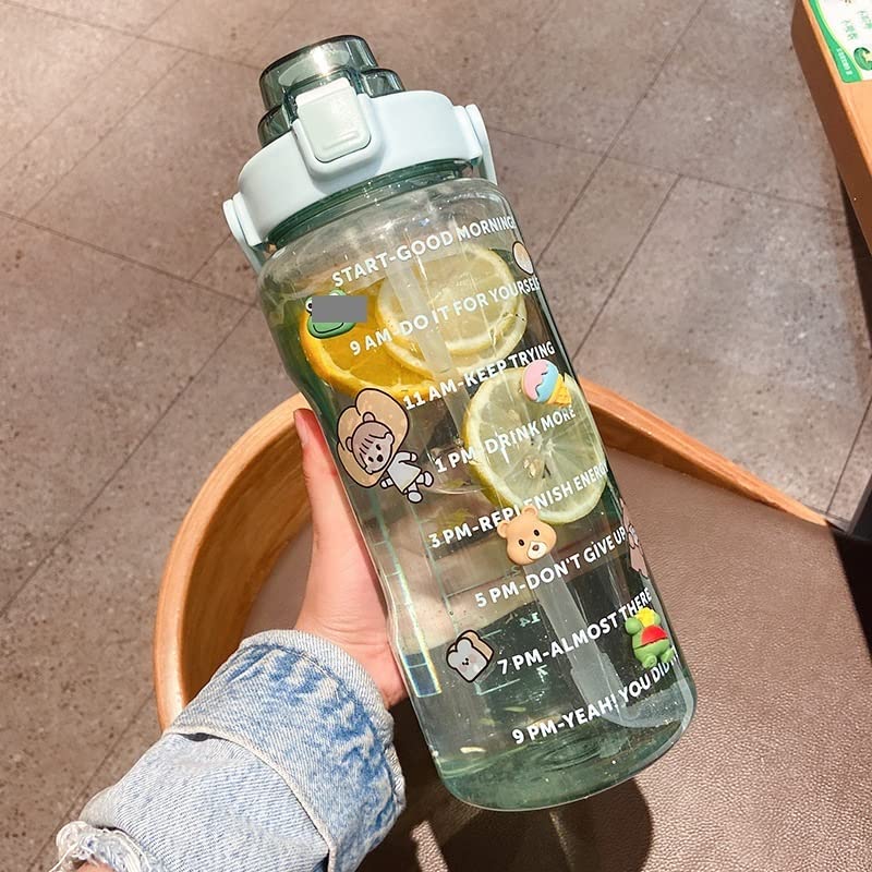 2L Large Capacity Water Bottle with Straw - BPA Free Plastic Water Bottle with Time Markings, Frosted Design for Outdoor Sports, Gym, Hiking & School - Ideal for Students, Couples & Athletes