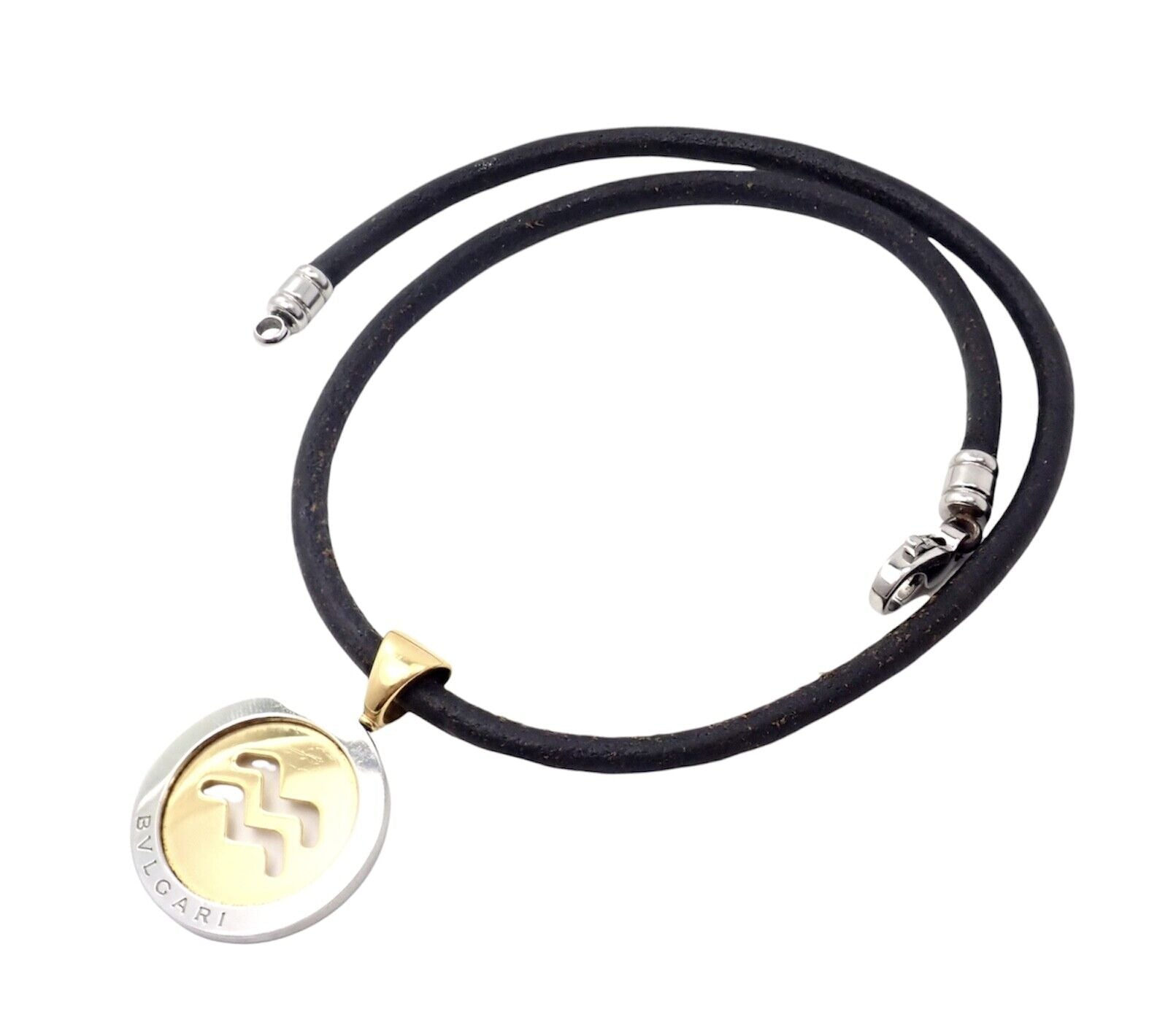 Authentic Bulgari Tondo 18k Yellow Gold & Steel 31mm Aquarius Pendant Necklace - Luxury Zodiac Jewelry for Women, Perfect Gift for Birthday & Anniversary