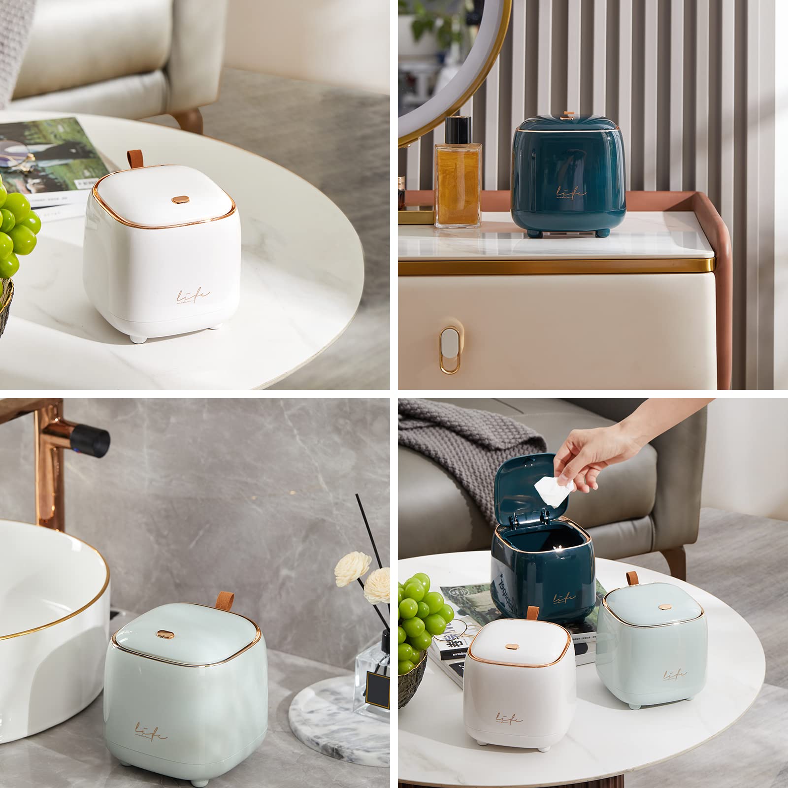 Mini Countertop Trash Can with 3 Rolls of Trash Bags - Press Type Lid Small Waste Bin for Bathroom Vanity, Coffee Table, Office Desk - Compact White Garbage Can for Home & Office Use