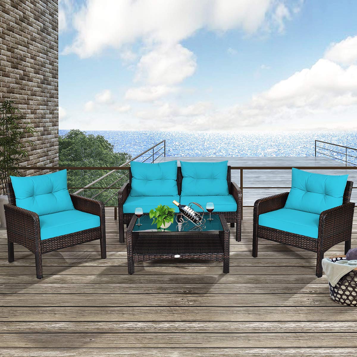 Tangkula 4-Piece Outdoor Patio Furniture Set - All-Weather Wicker Sofa Set with Glass Top Coffee Table & Thick Cushions - Turquoise Conversation Set for Porch, Garden, Poolside, Lawn & Backyard Relaxation