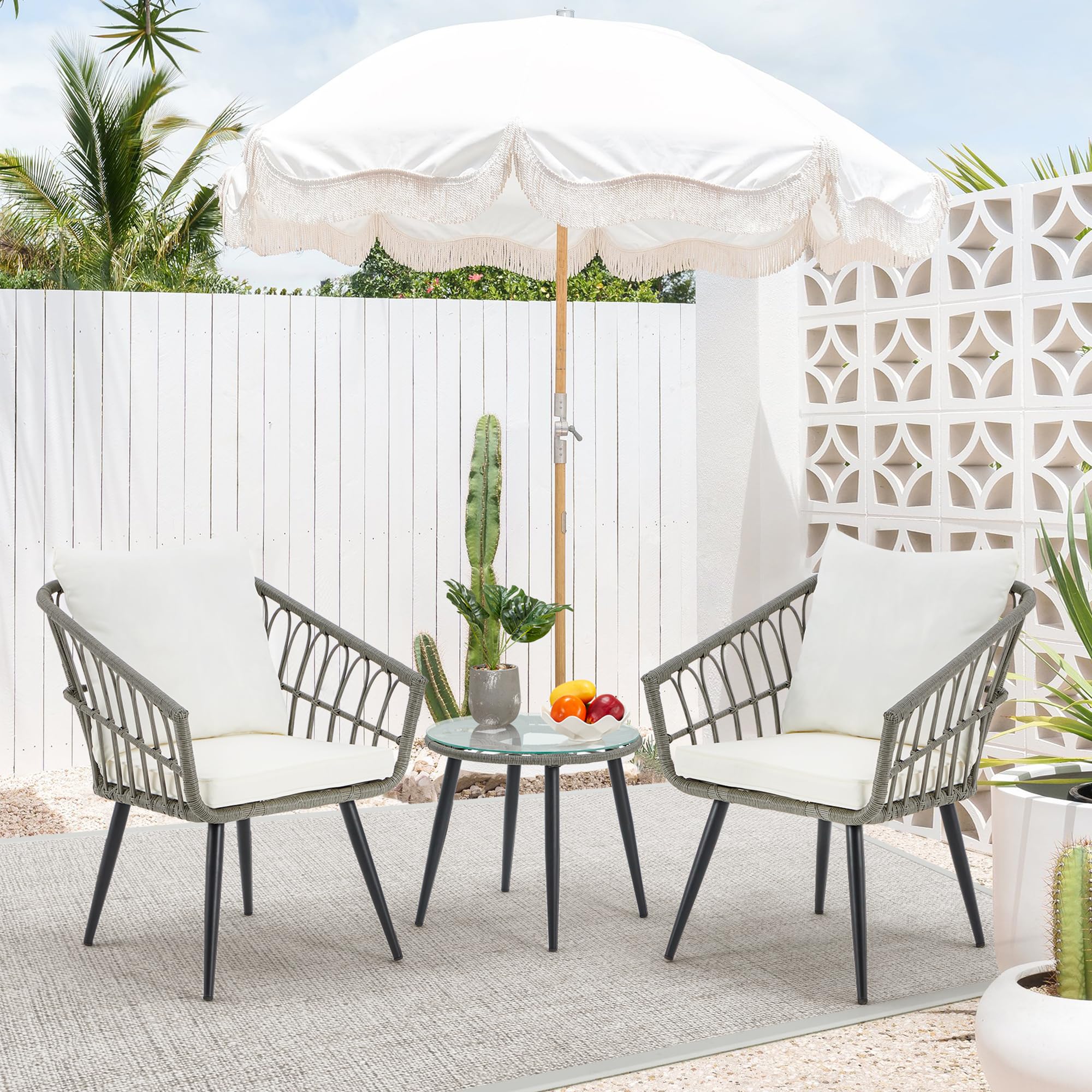 EcoTouge 3-Piece Wicker Bistro Set - Patio Rattan Dining Table with Glass Top & Cushioned Chairs - Outdoor Conversation Furniture for Porch, Backyard, Garden (Grey) - Perfect for Al Fresco Dining and Relaxing in Your Outdoor Space