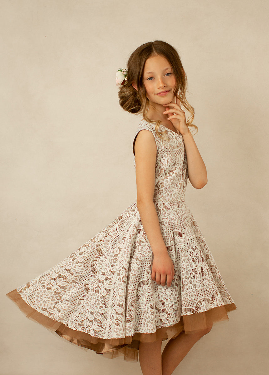 Lezah Flower Girl Dress in Chai - Elegant Lace Tea-Length Dress for Weddings & Special Occasions